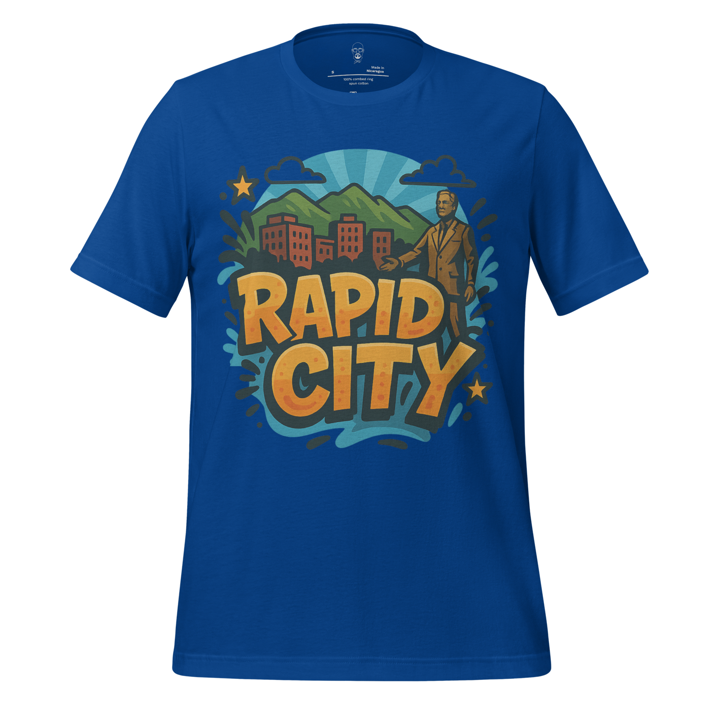 JMK Drip blue Rapid City t-shirt featuring graphic cityscape and mountains design