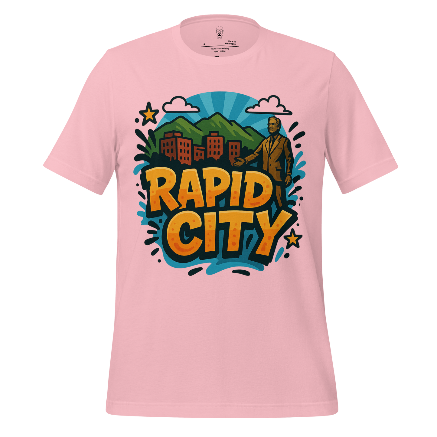 Pink Rapid City t-shirt by JMK Drip featuring colorful cityscape and mountains graphic