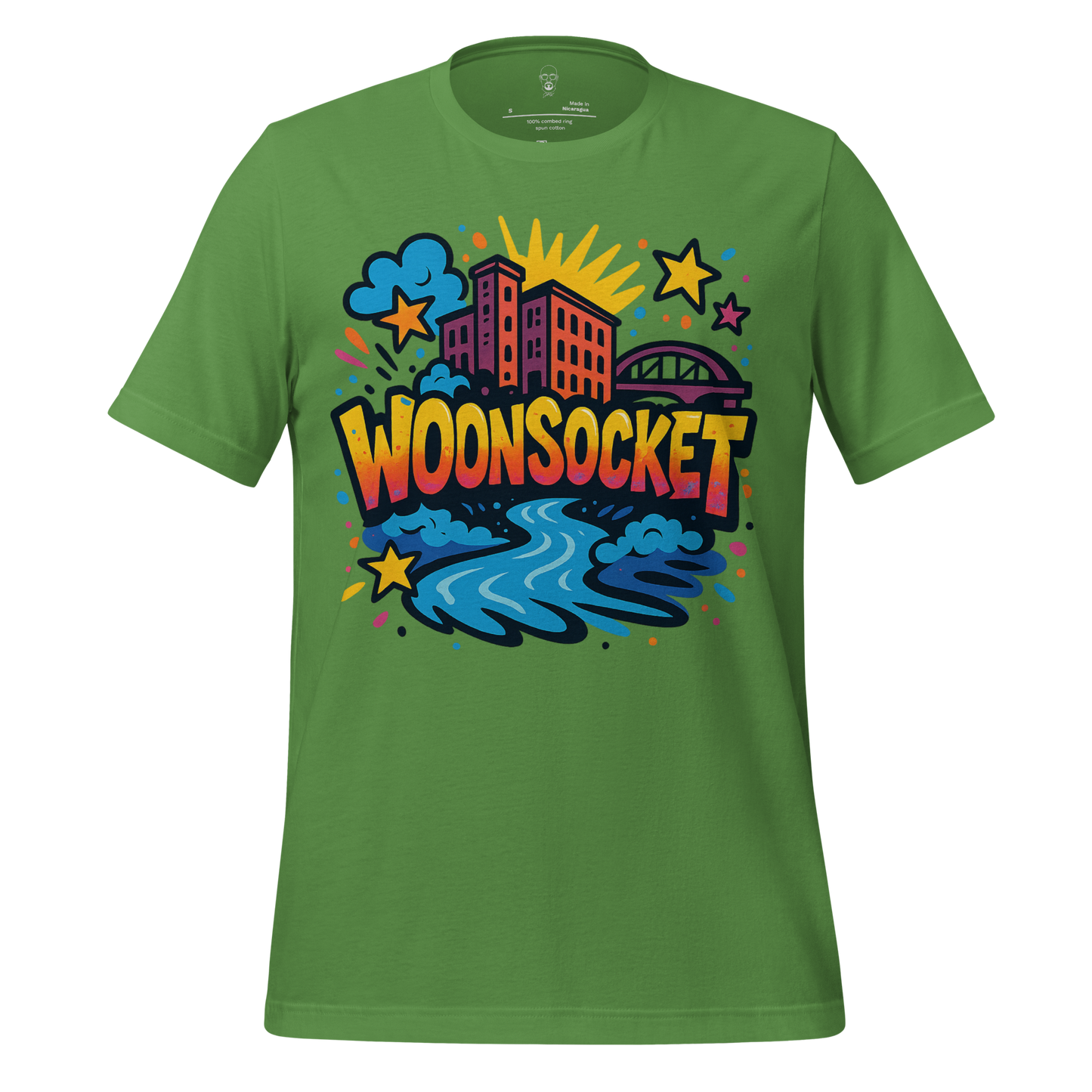 Green Woonsocket Graphic T-Shirt by JMK Drip with colorful cityscape and river design