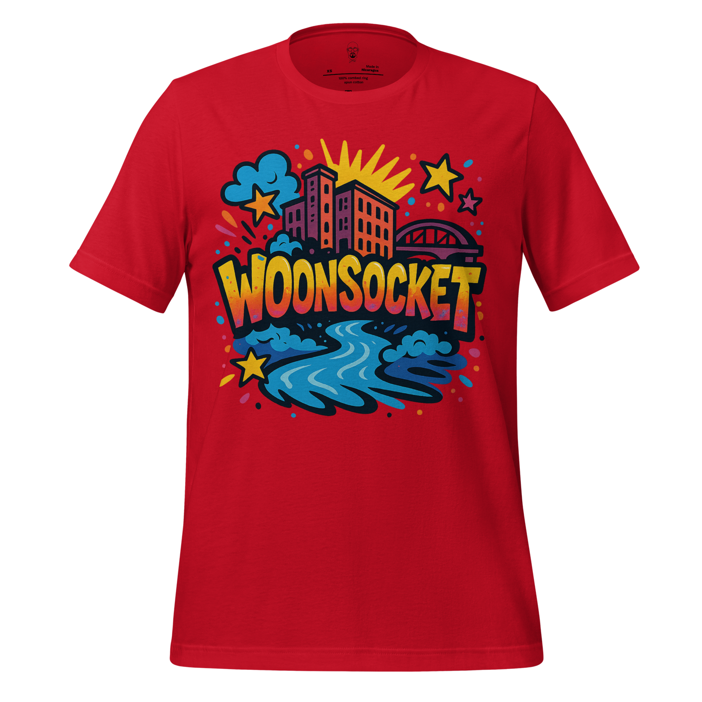 JMK Drip red Woonsocket Graphic T-Shirt with colorful cityscape and river design