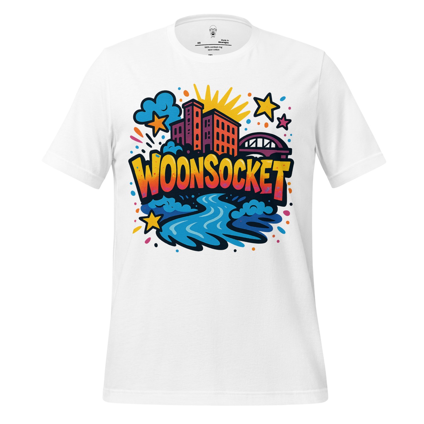JMK Drip Woonsocket Graphic T-Shirt with colorful cityscape and river design on white fabric