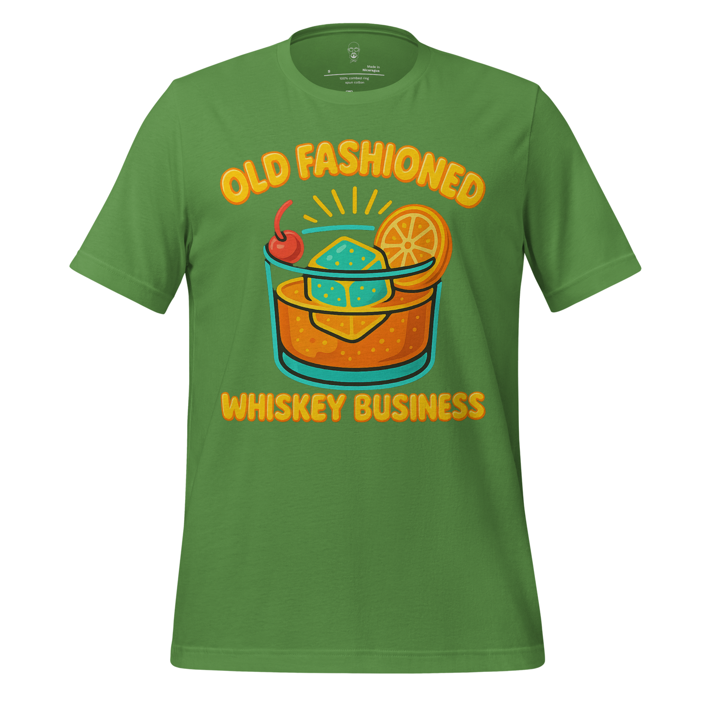 Green old fashioned graphic t-shirt with cartoon whiskey glass and text old fashioned whiskey business