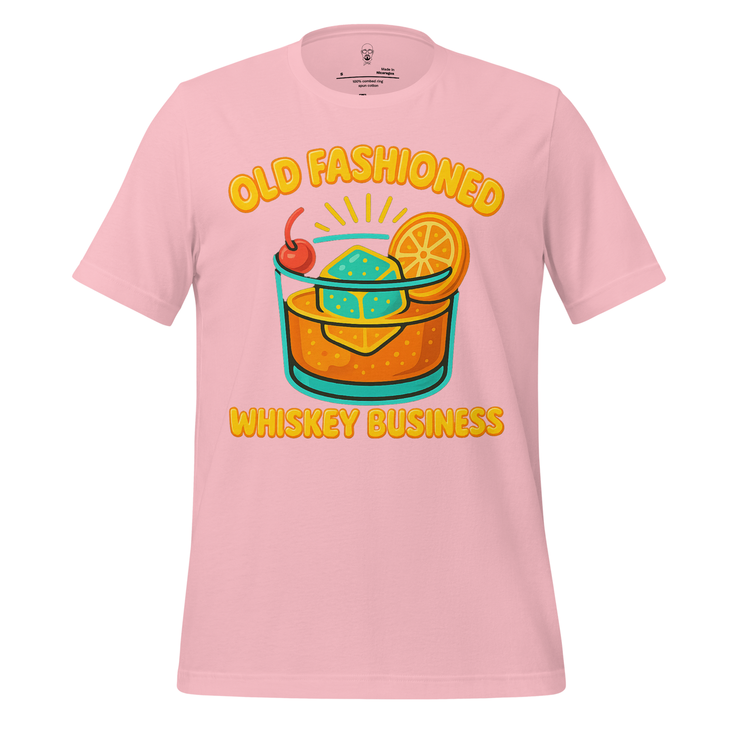 Pink old fashioned graphic t-shirt with cartoon whiskey glass and text old fashioned whiskey business