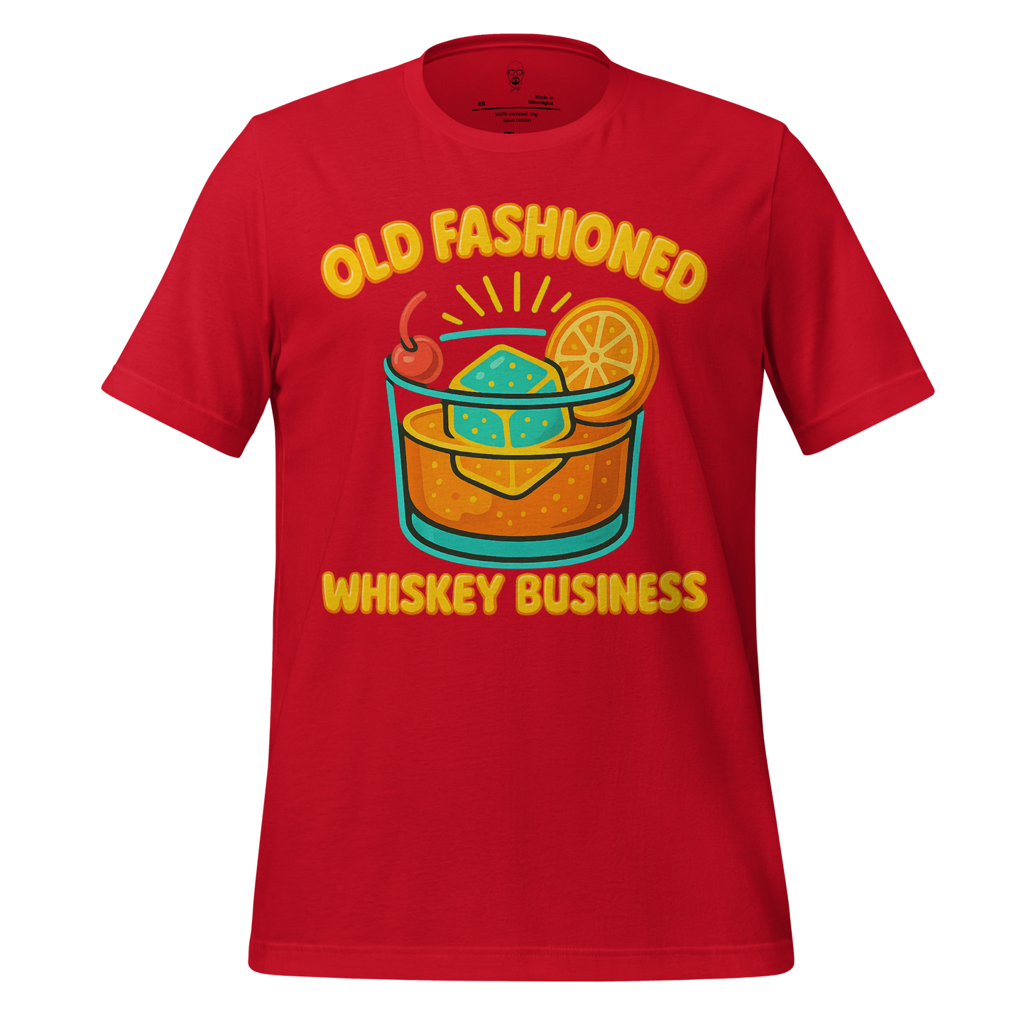 Red JMK Drip old fashioned graphic t-shirt with whiskey glass and cherry design