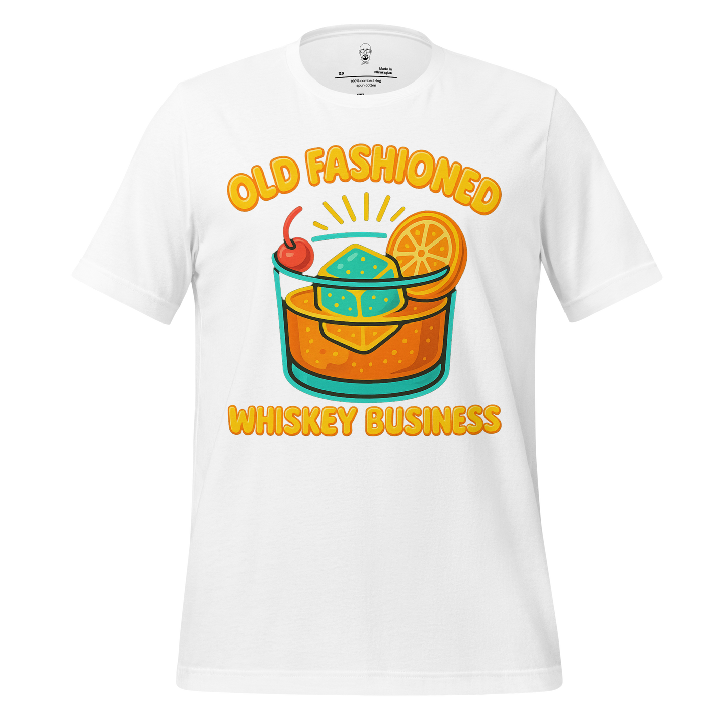 White old fashioned graphic t-shirt with colorful whiskey glass and text old fashioned whiskey business