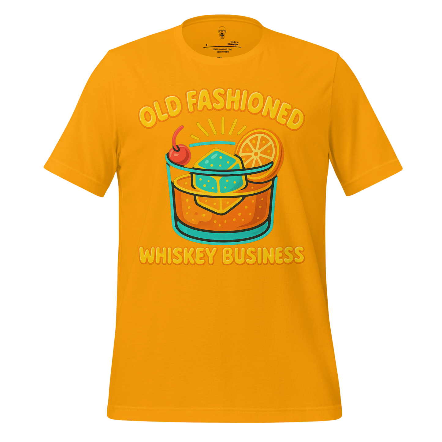JMK Drip yellow old fashioned graphic t-shirt with whiskey glass, cherry, and orange slice design