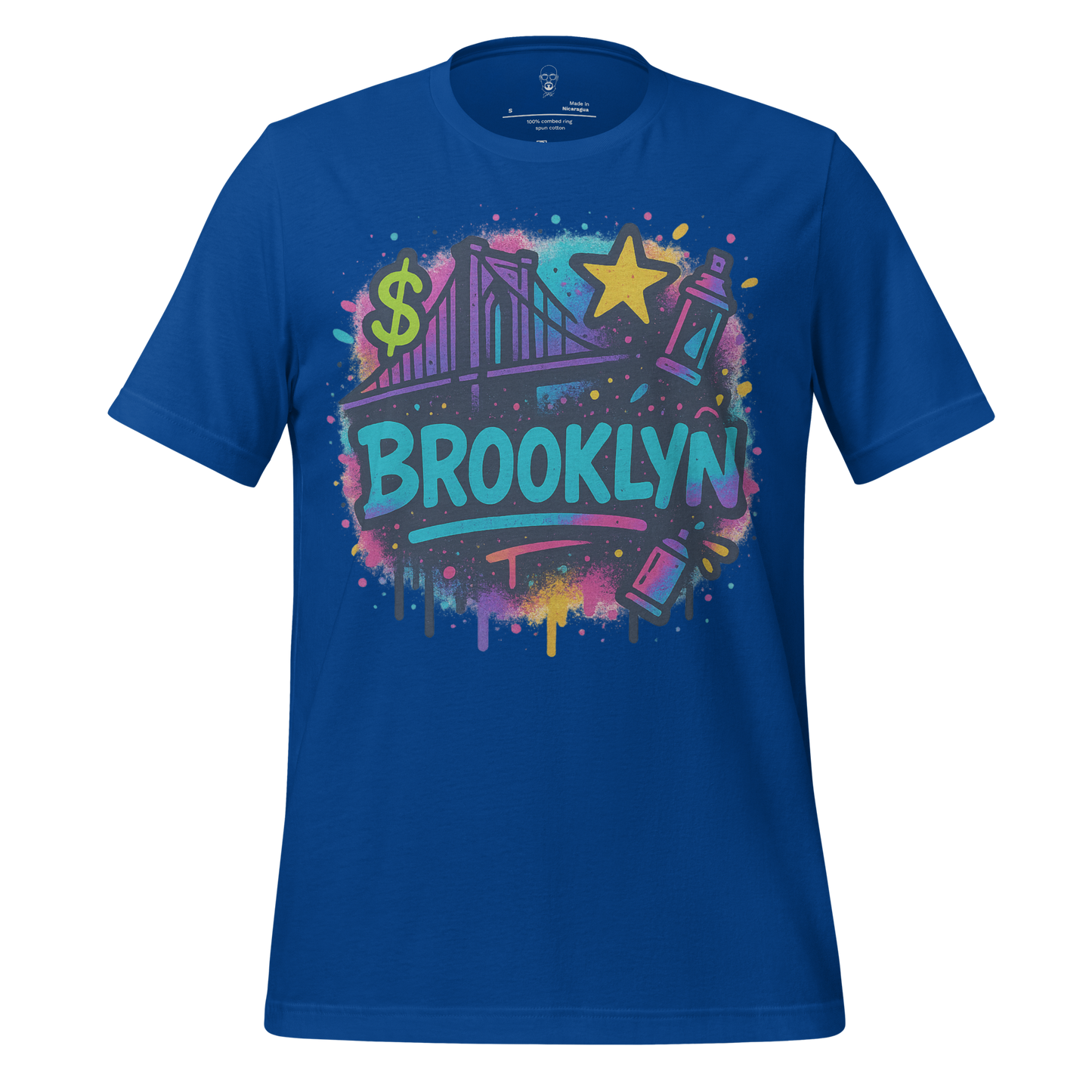 JMK Drip Brooklyn graphic t-shirt in blue with colorful graffiti bridge and street art design