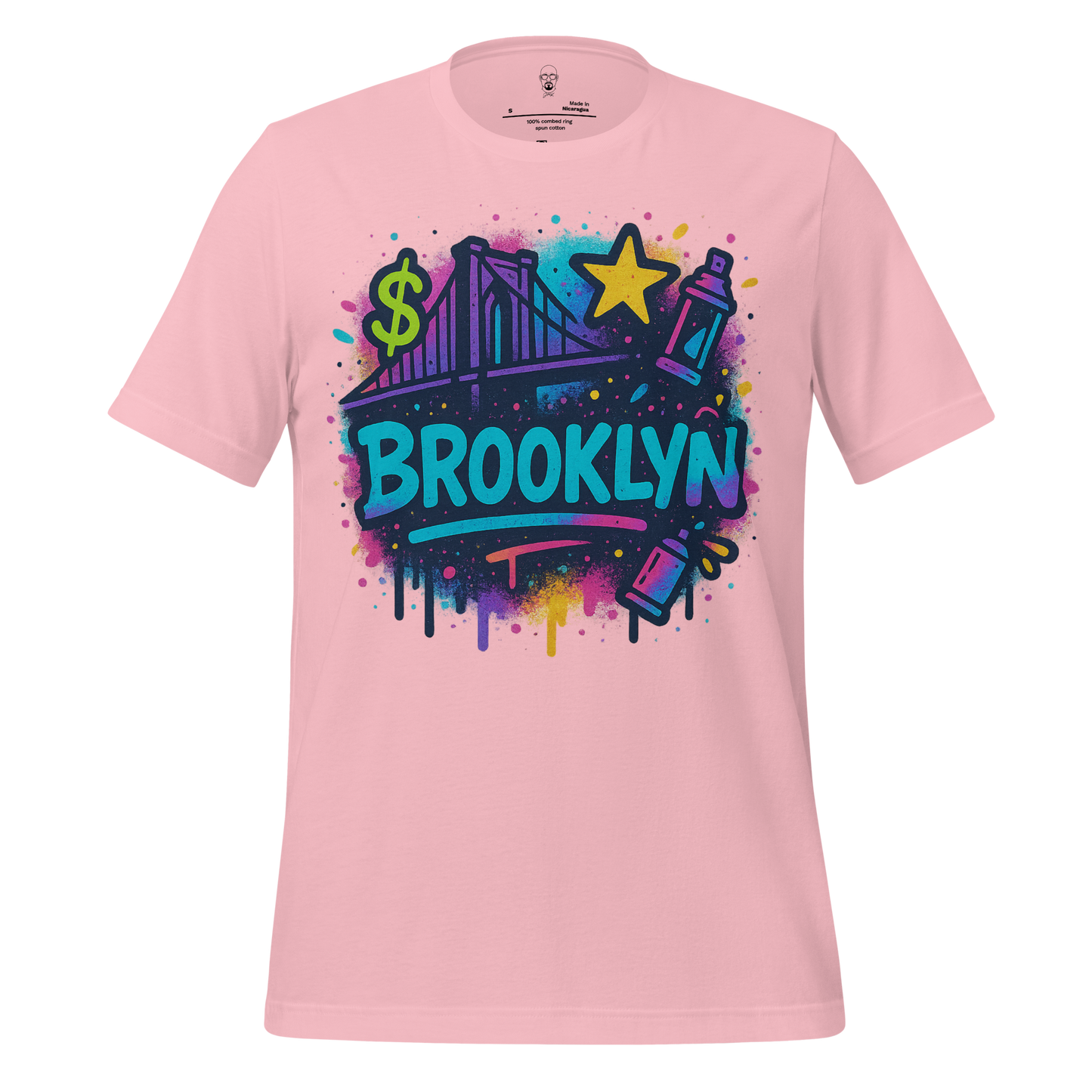 Pink JMK Drip Brooklyn graphic t-shirt with colorful street art design featuring bridge dollar sign star and spray paint cans