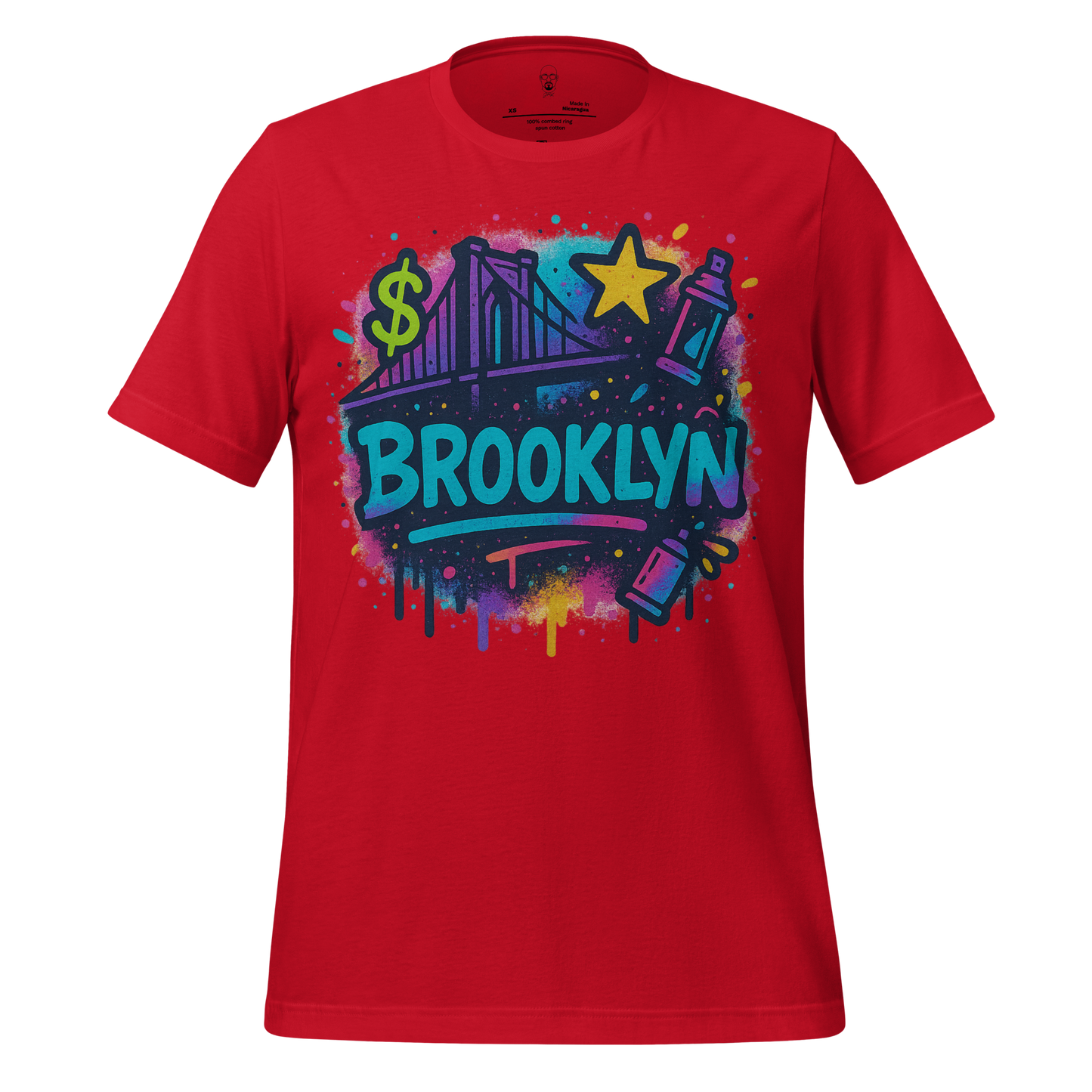 Red Brooklyn graphic t-shirt by JMK Drip featuring colorful graffiti-style bridge and spray paint design
