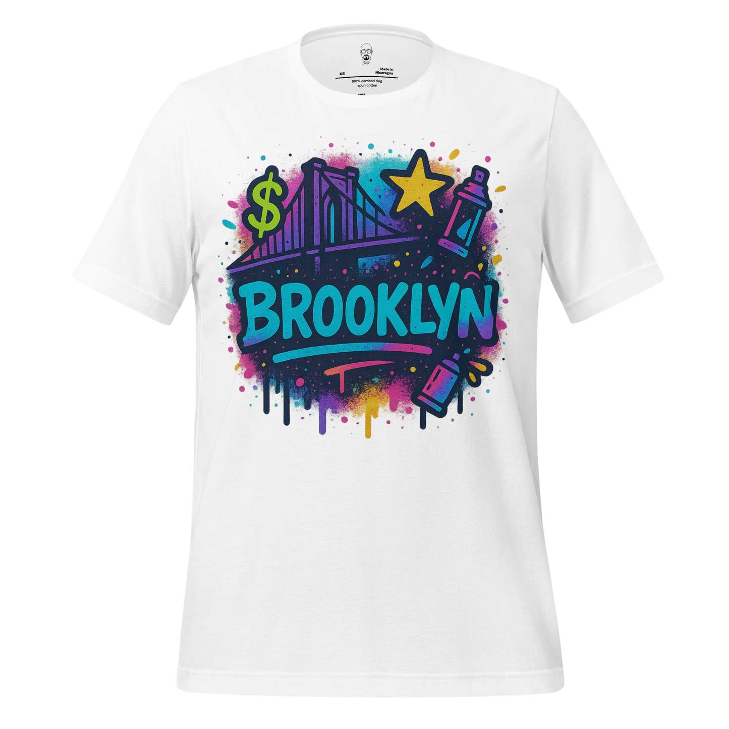 JMK Drip white Brooklyn graphic t-shirt with colorful graffiti-style design featuring a bridge, dollar sign, star, and spray paint cans