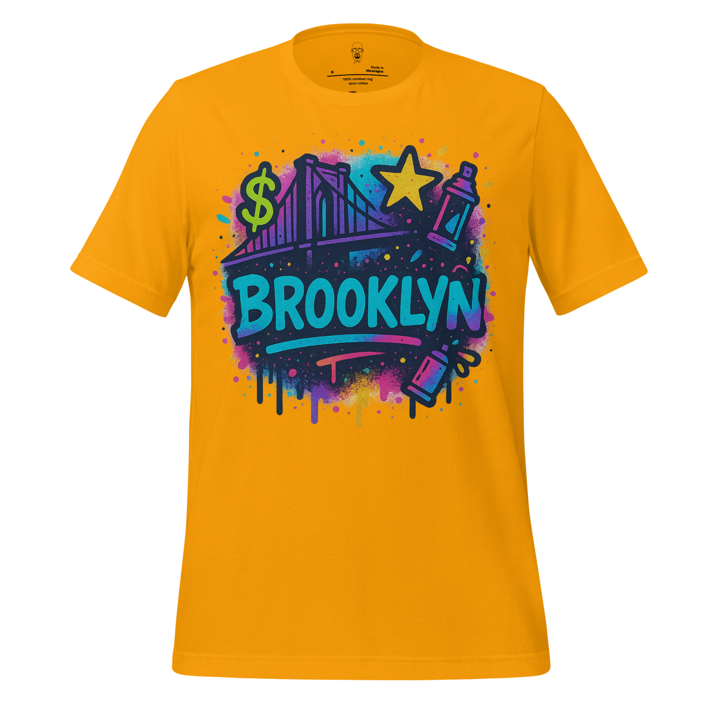 JMK Drip Brooklyn graphic t-shirt in yellow with colorful graffiti style design including bridge and dollar sign