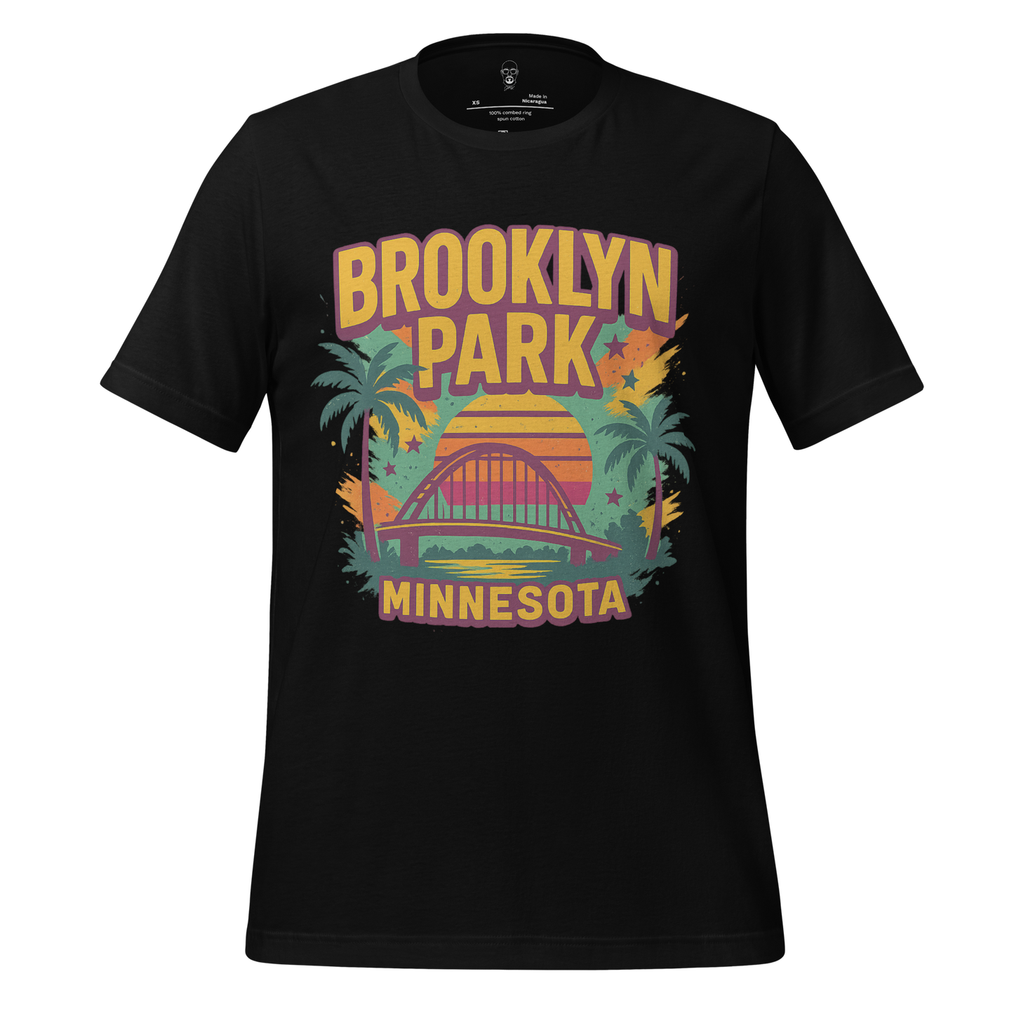 Black Brooklyn Park Minnesota t-shirt with colorful retro sunset and bridge graphic