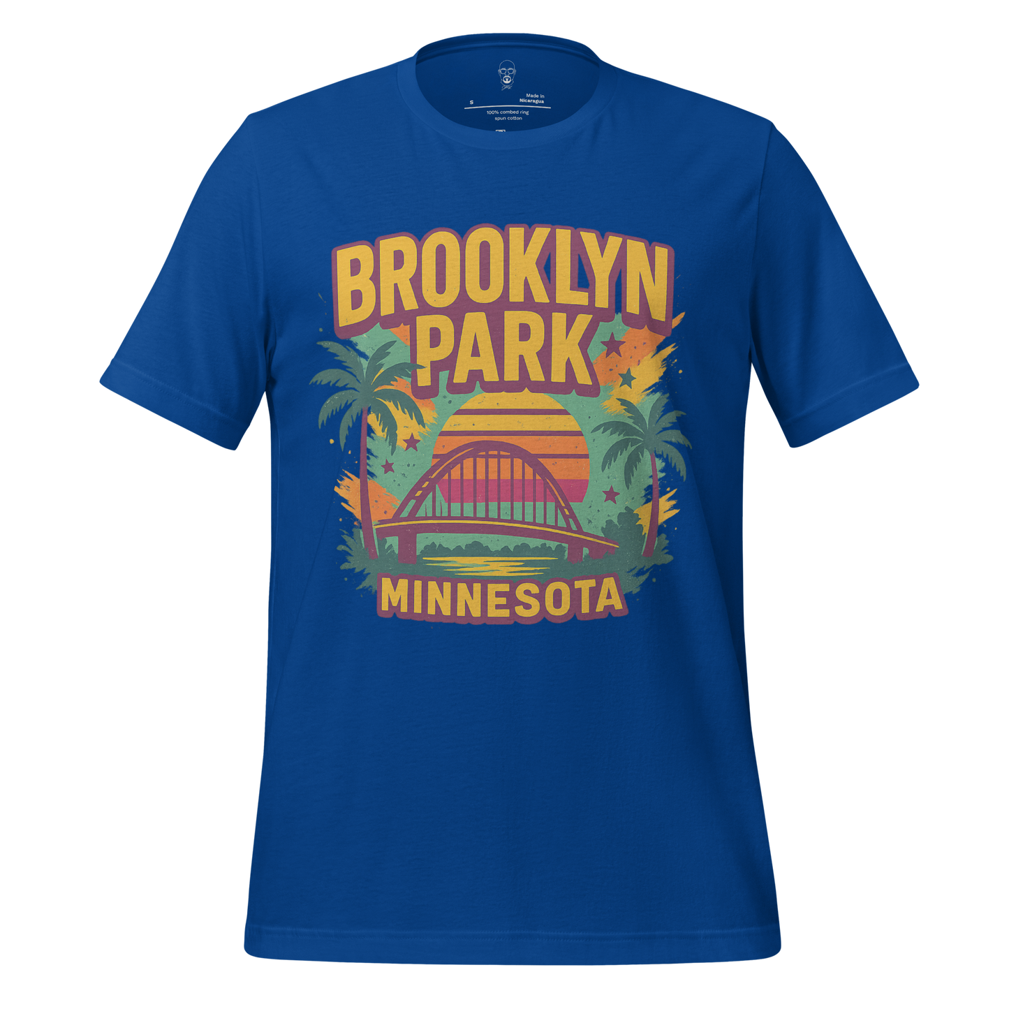 Blue Brooklyn Park Minnesota t-shirt with colorful sunset and bridge graphic by JMK Drip
