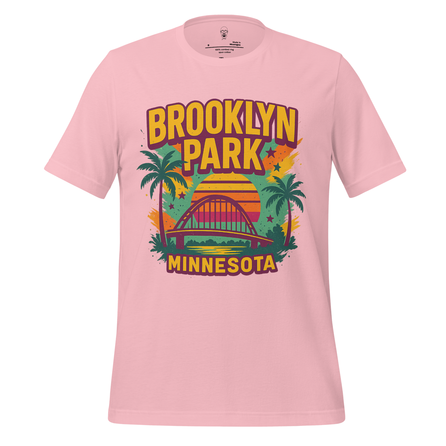 Pink Brooklyn Park Minnesota t-shirt with retro sunset, bridge, and palm tree design