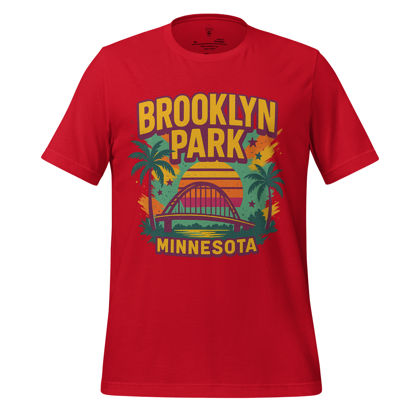 Red Brooklyn Park Minnesota t-shirt with retro sunset and bridge graphic design