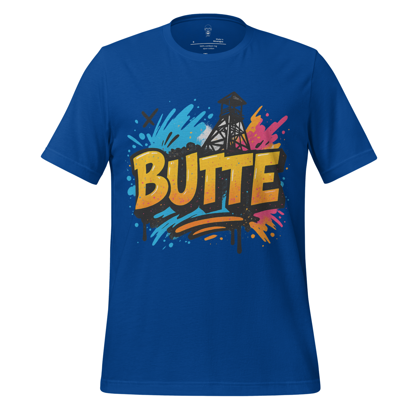 JMK Drip Butte graphic tee in blue with colorful splash and mining tower design