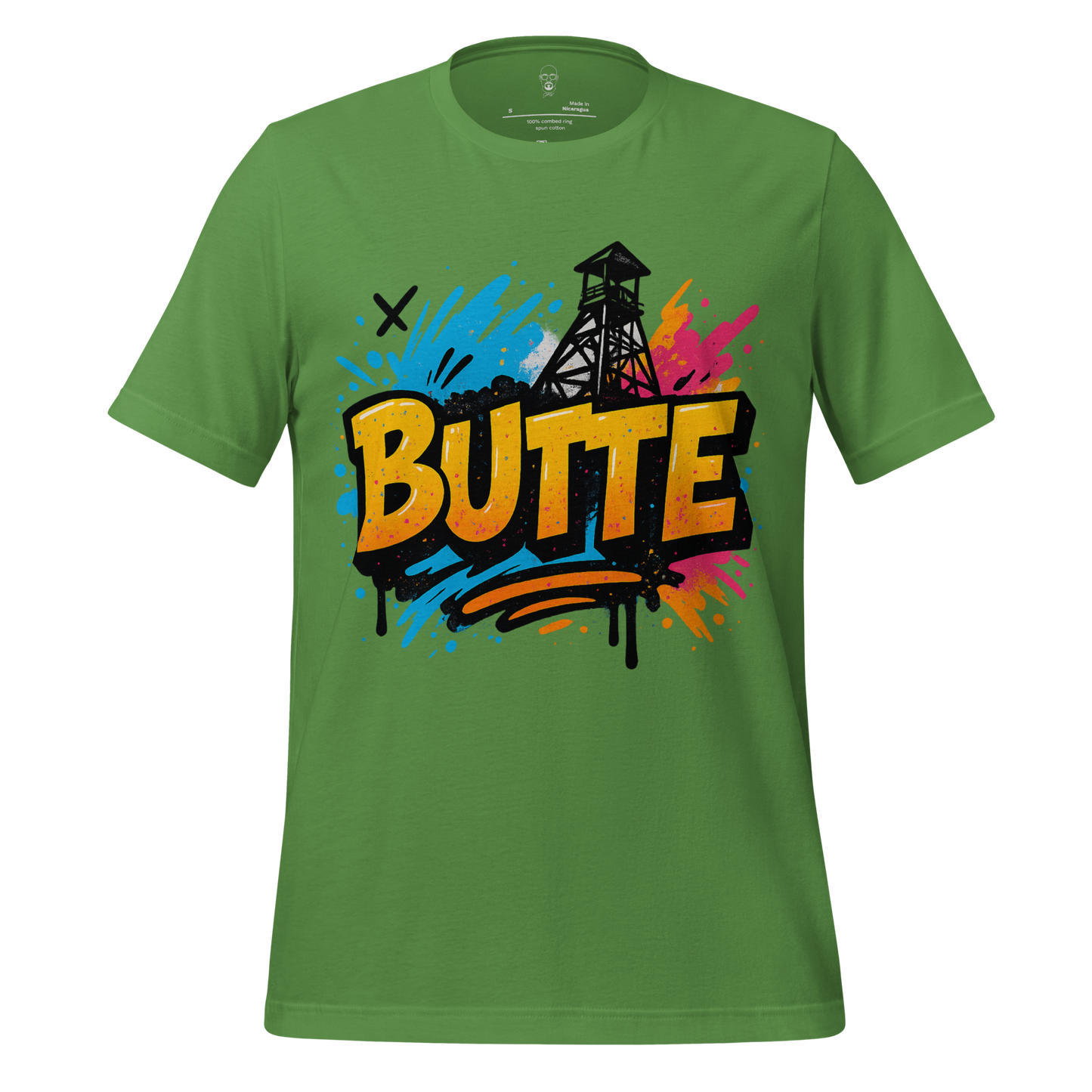 JMK Drip green Butte graphic tee featuring colorful graffiti style design with mining tower