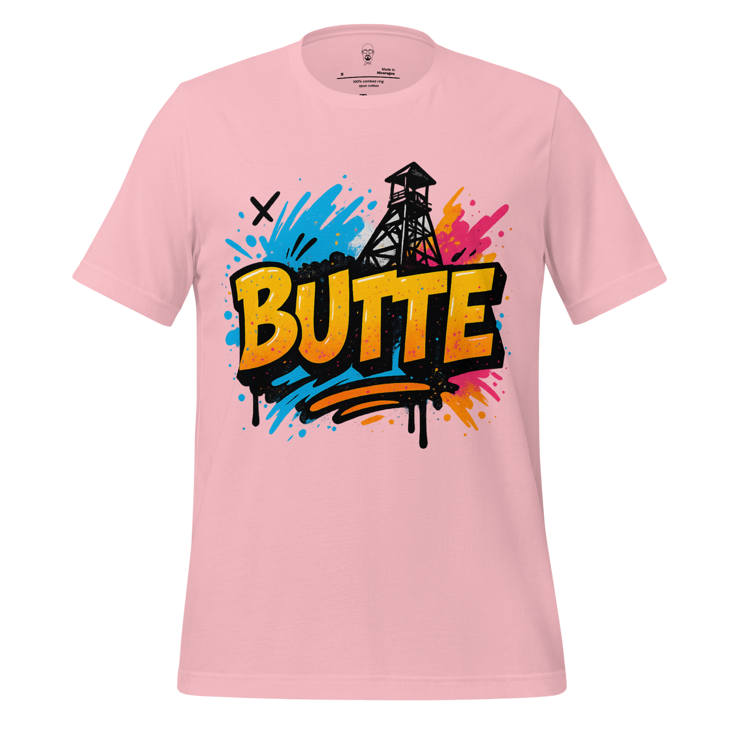 Pink Butte graphic tee with colorful graffiti-style design and watchtower illustration
