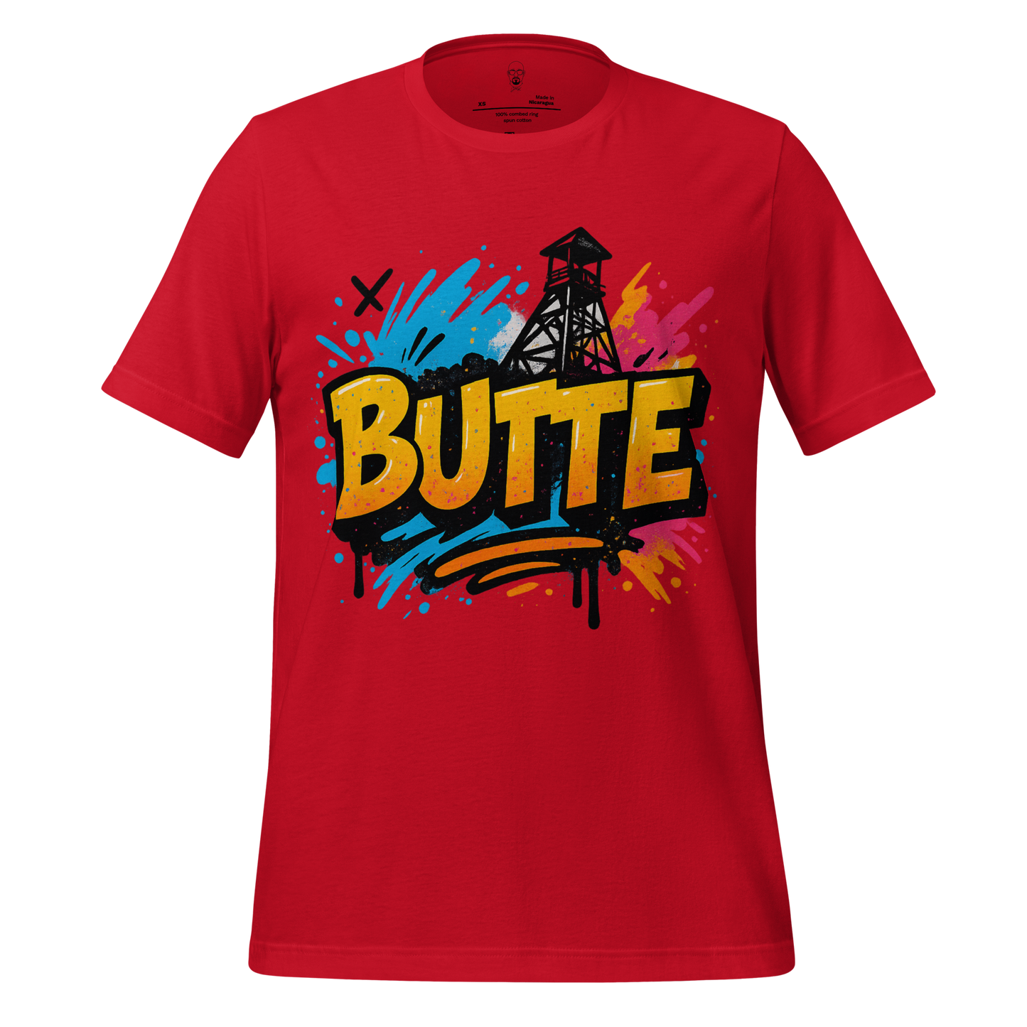 Red Butte graphic tee with colorful graffiti style design and industrial tower print