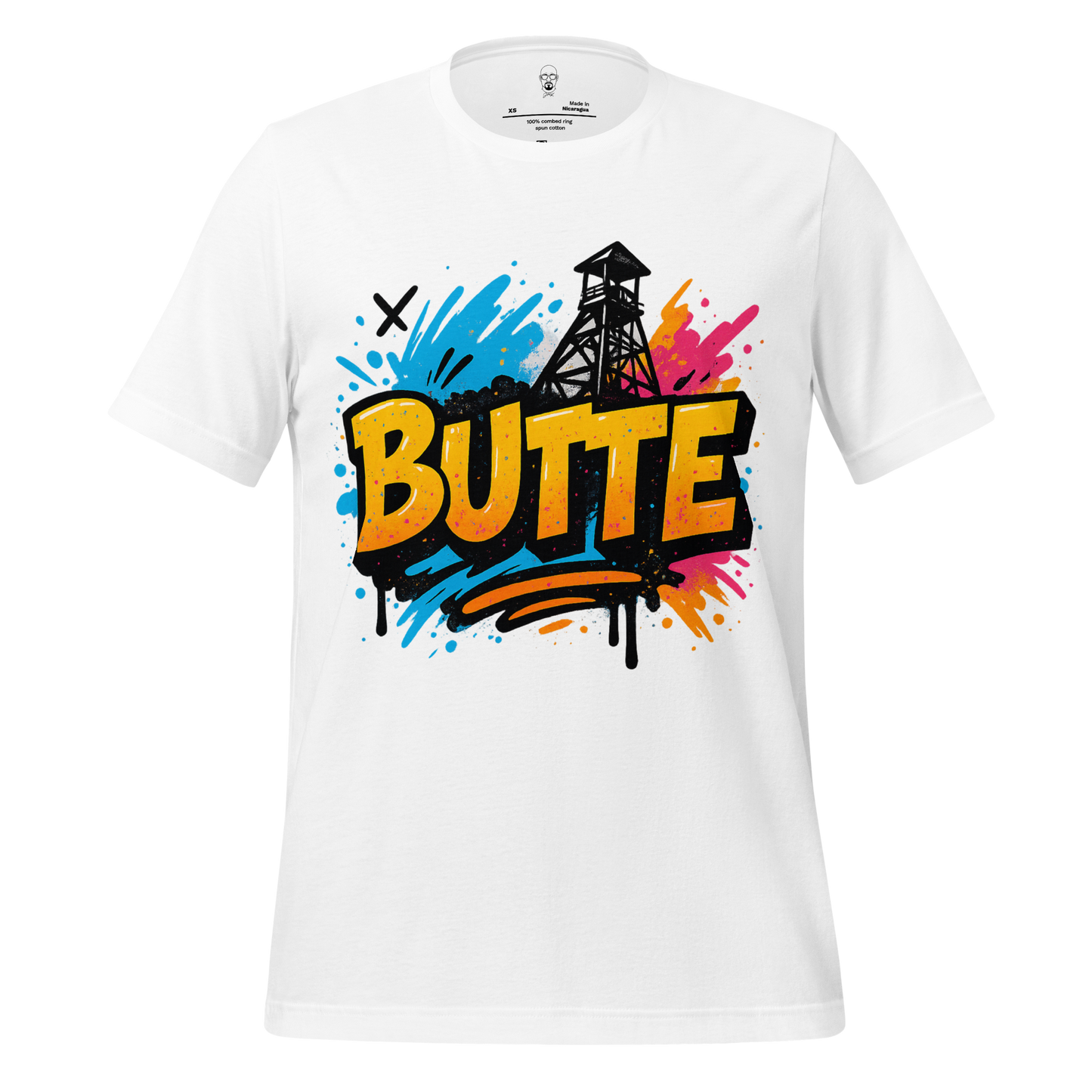 White Butte graphic tee with colorful graffiti-style design and mining tower illustration