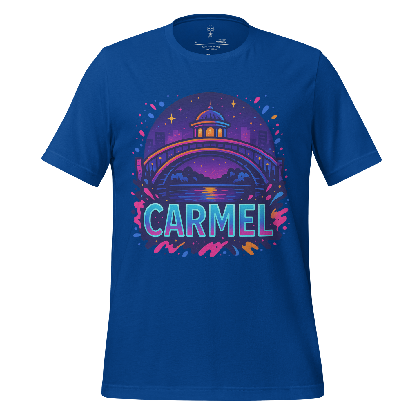 JMK Drip blue Carmel Graphic T-Shirt featuring colorful bridge and sunset design