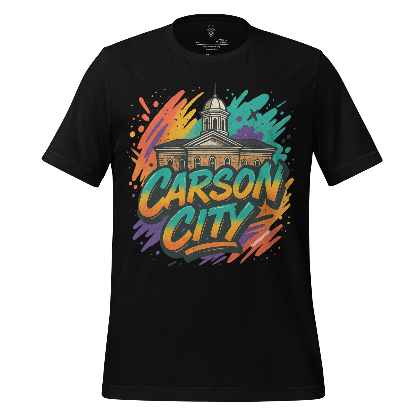 Black Carson City graphic t-shirt featuring colorful historic building design by JMK Drip