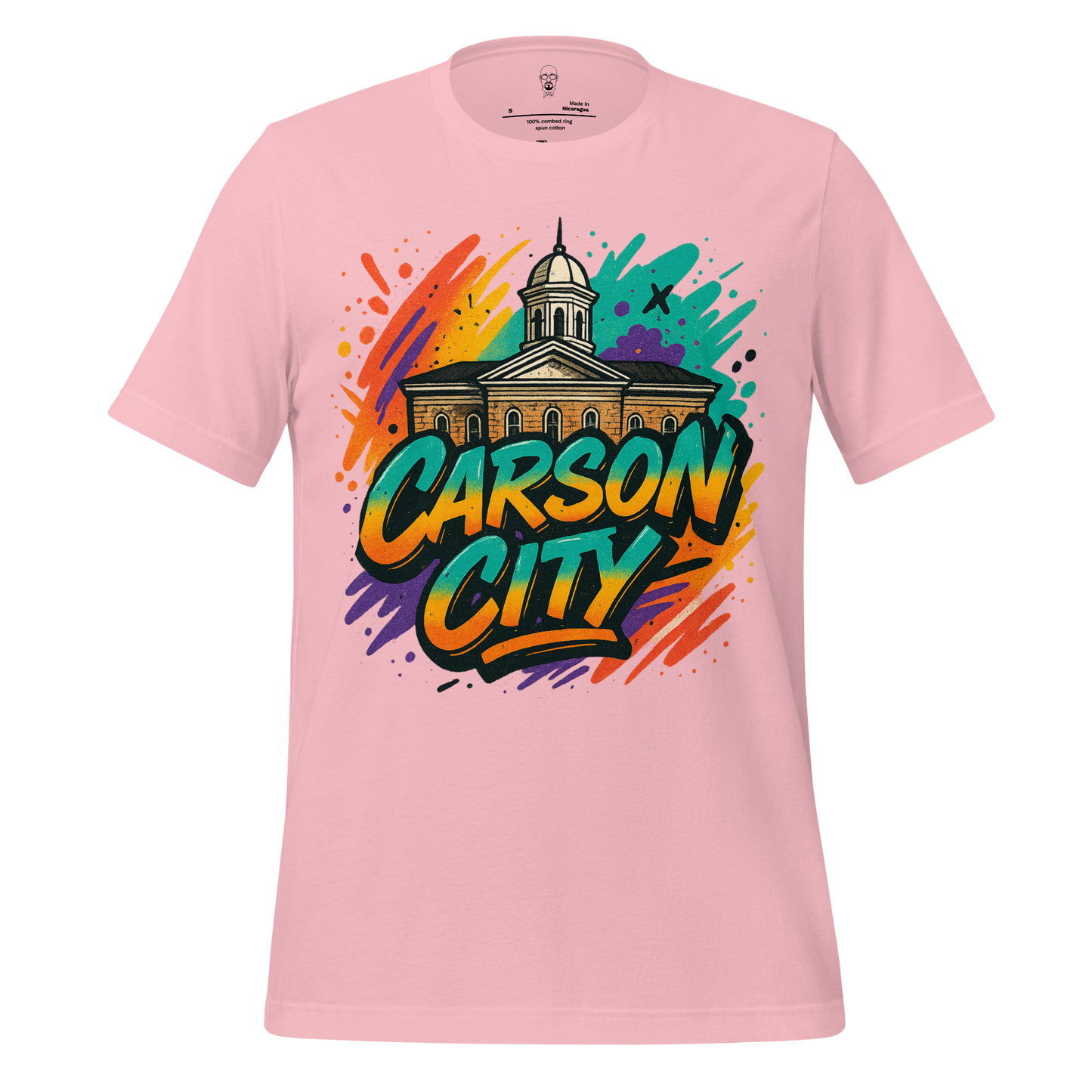 Pink Carson City graphic t-shirt with colorful splash design and building illustration