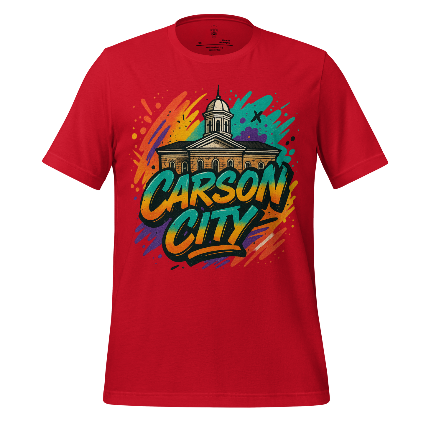 JMK Drip red Carson City graphic t-shirt featuring colorful courthouse illustration and bold text