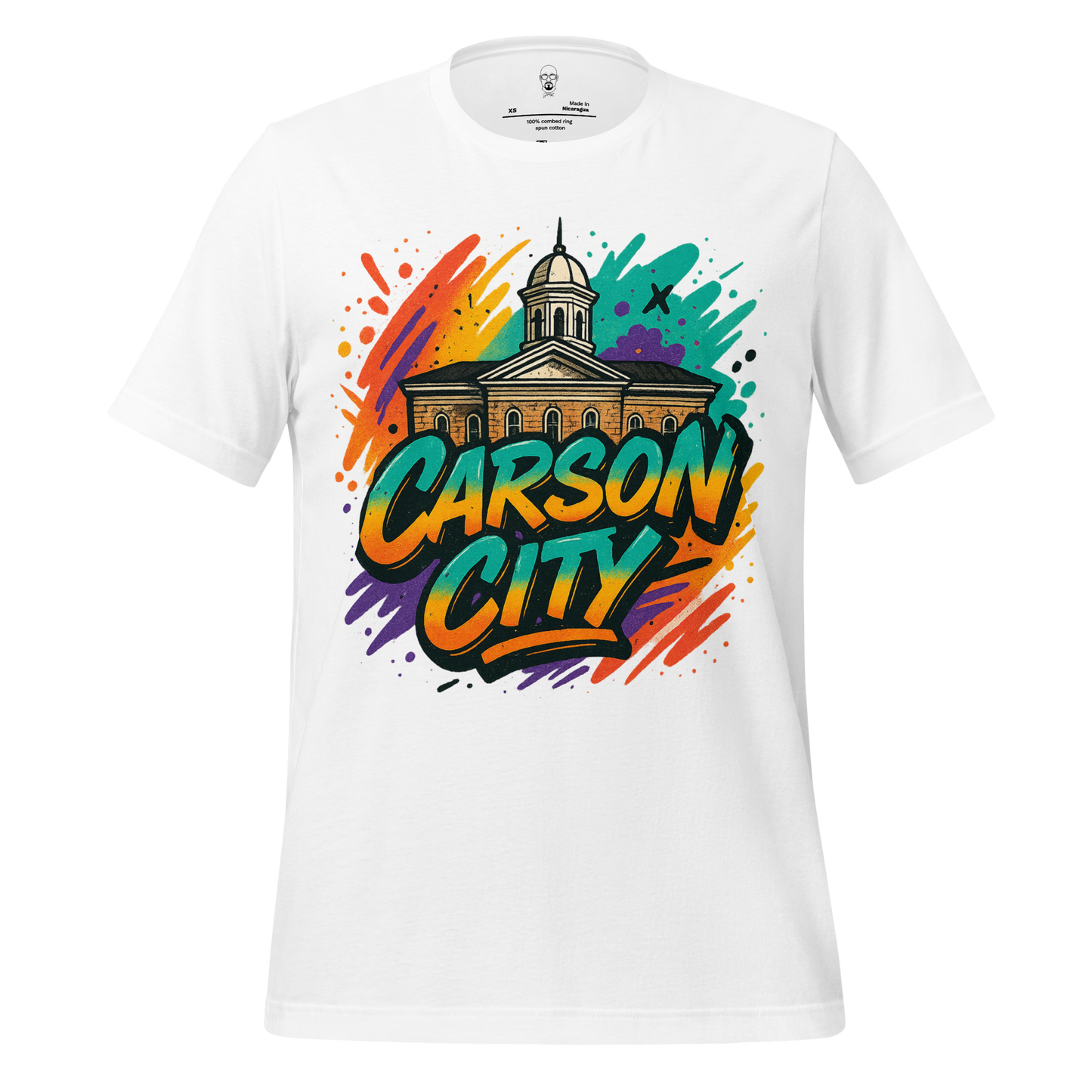 White Carson City graphic t-shirt featuring colorful artistic design and Carson City text by JMK Drip