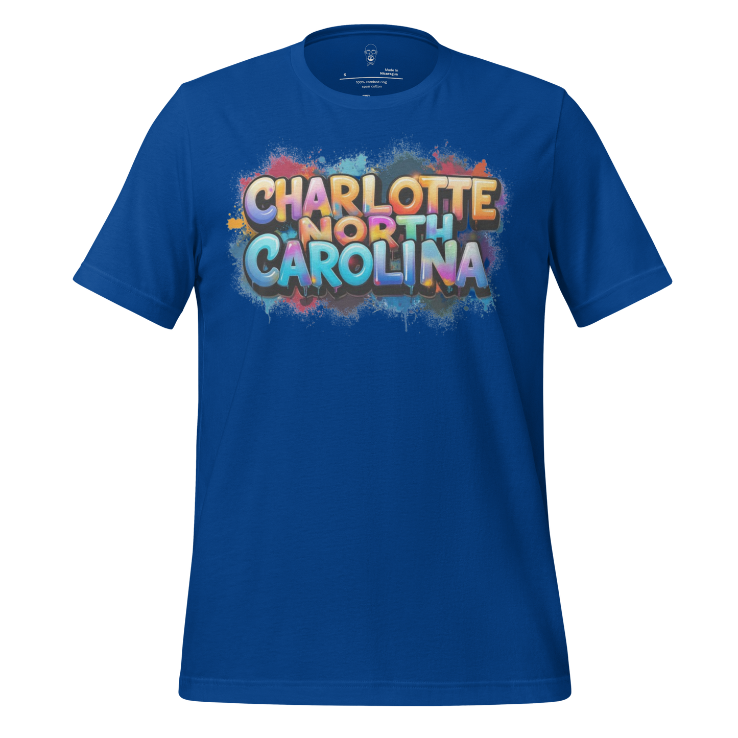 Blue cotton t-shirt with colorful graffiti style Charlotte North Carolina t-shirt text design