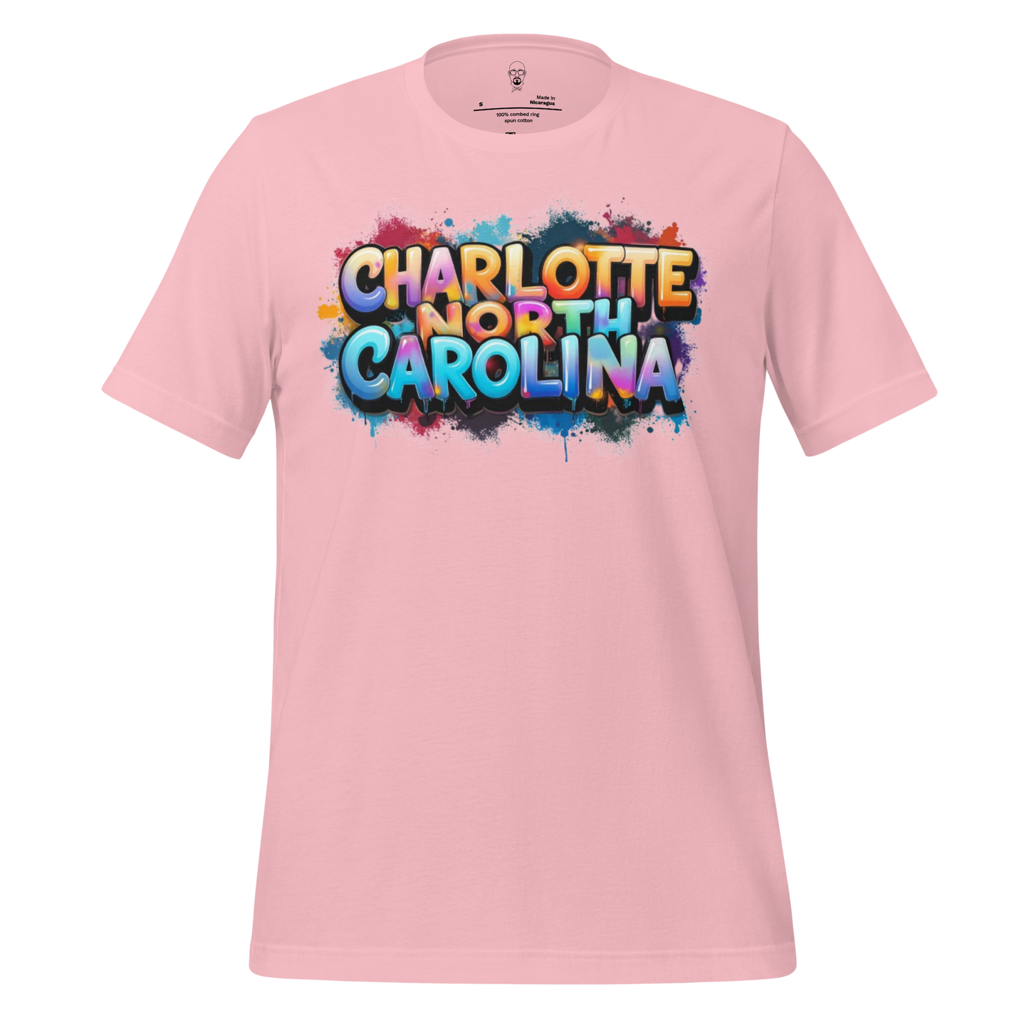 Pink Charlotte North Carolina t-shirt with colorful graffiti style text design by JMK Drip