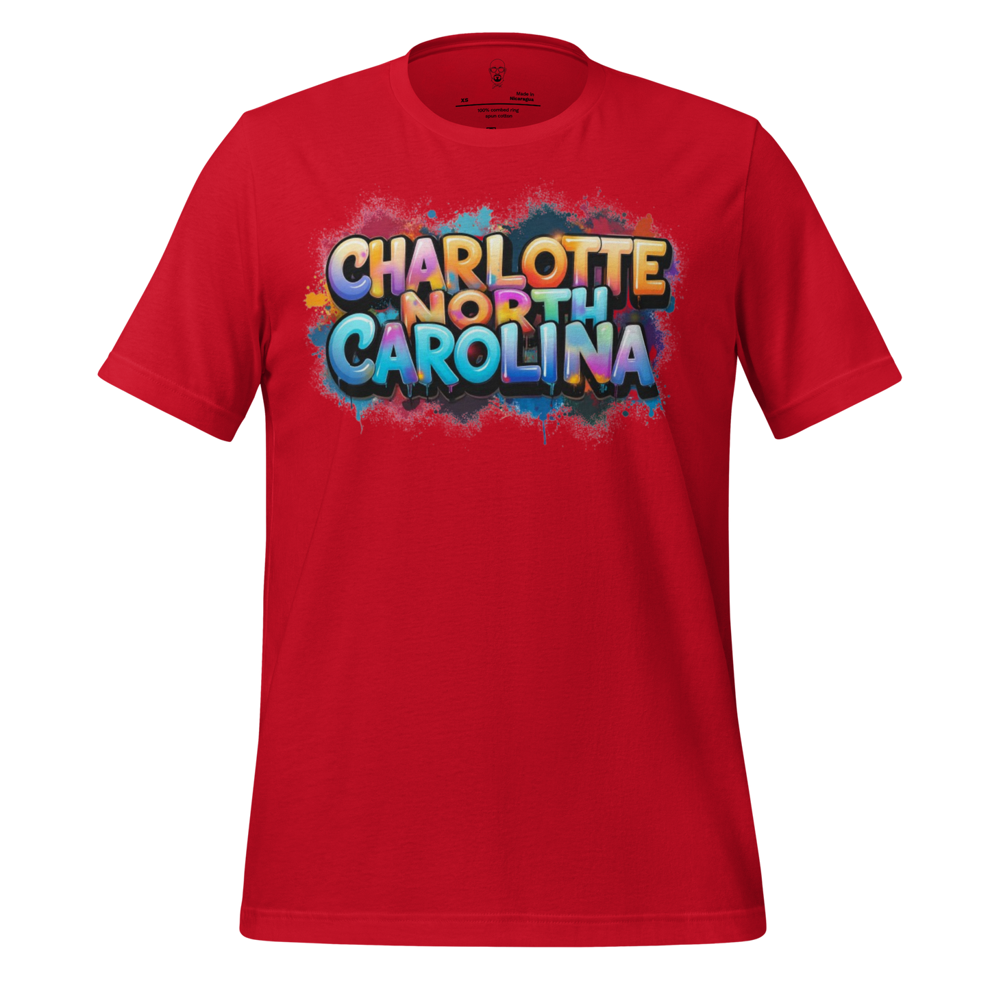 Red t-shirt with colorful graffiti style text Charlotte North Carolina t-shirt by JMK Drip