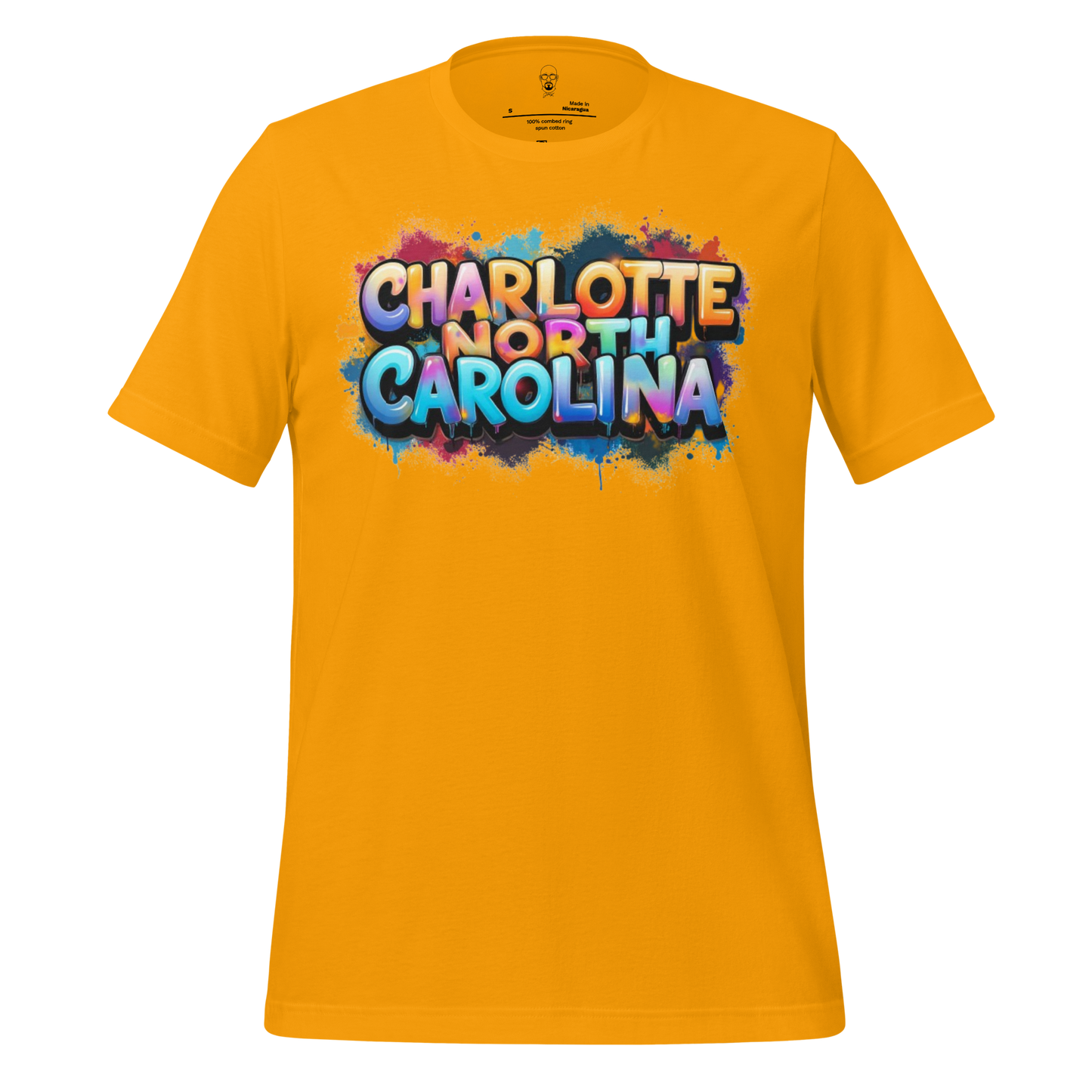 Bright yellow Charlotte North Carolina t-shirt with colorful graffiti-style text design