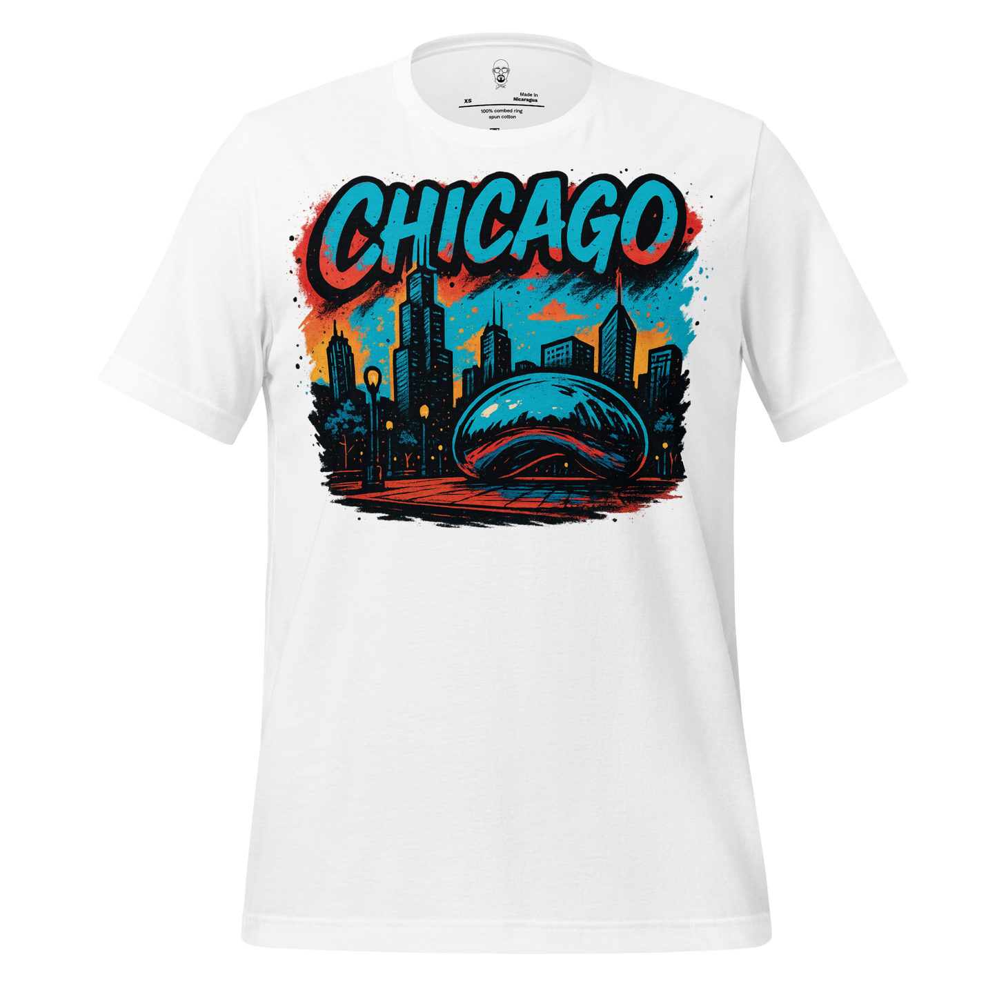 JMK Drip white Chicago Graphic T-Shirt featuring Chicago skyline and the Cloud Gate sculpture design