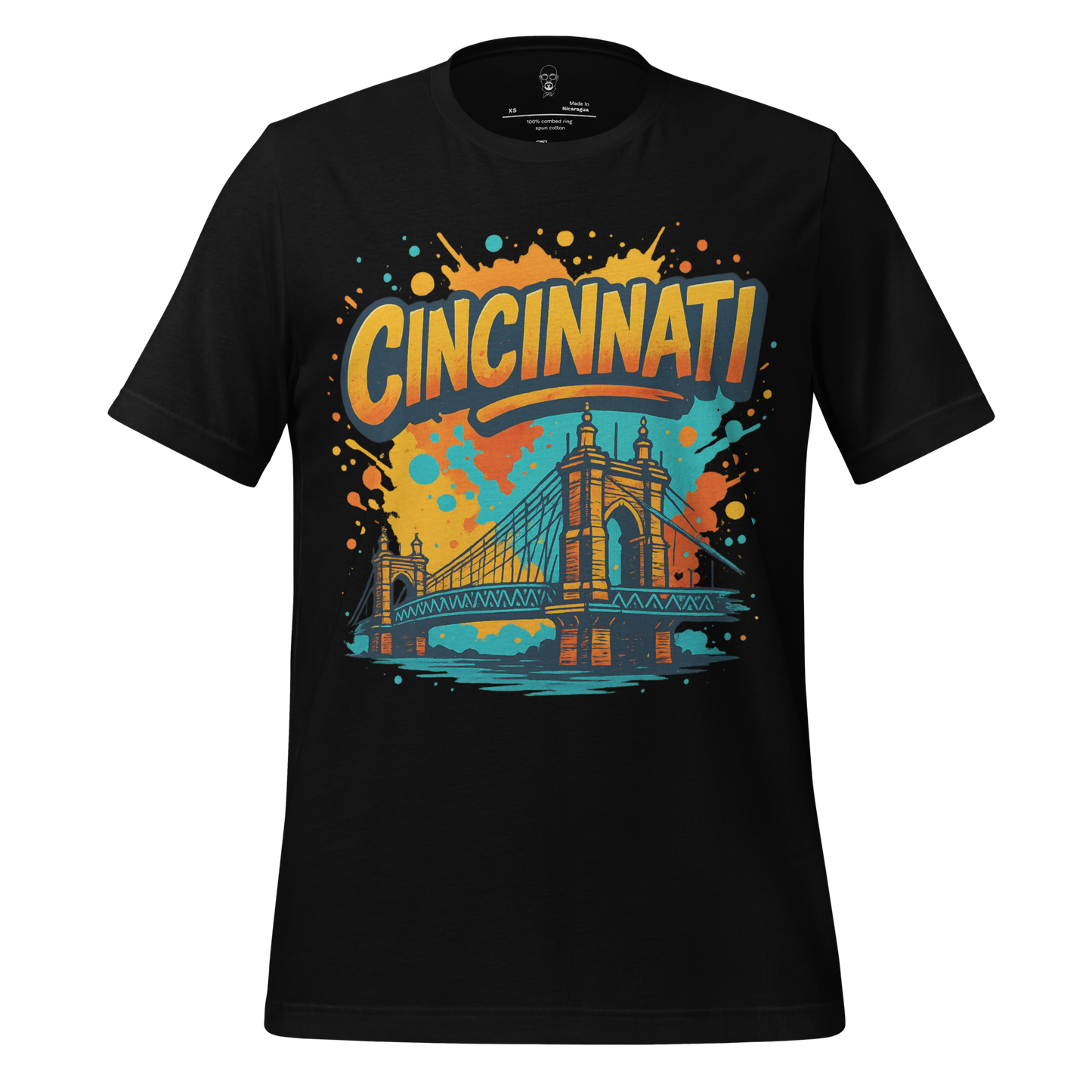 Black Cincinnati Graphic T-Shirt by JMK Drip featuring colorful splash design and Cincinnati bridge illustration
