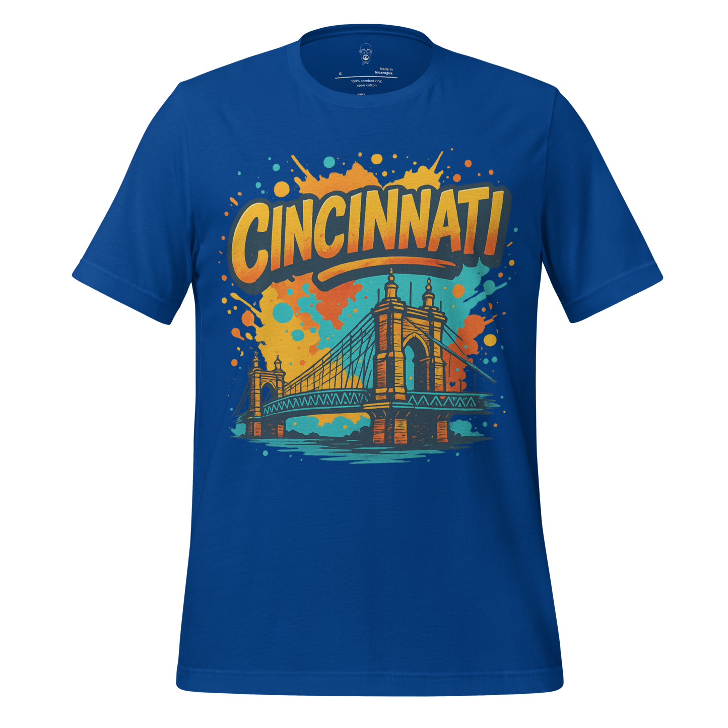 Blue Cincinnati Graphic T-Shirt by JMK Drip featuring colorful splash design and city bridge illustration