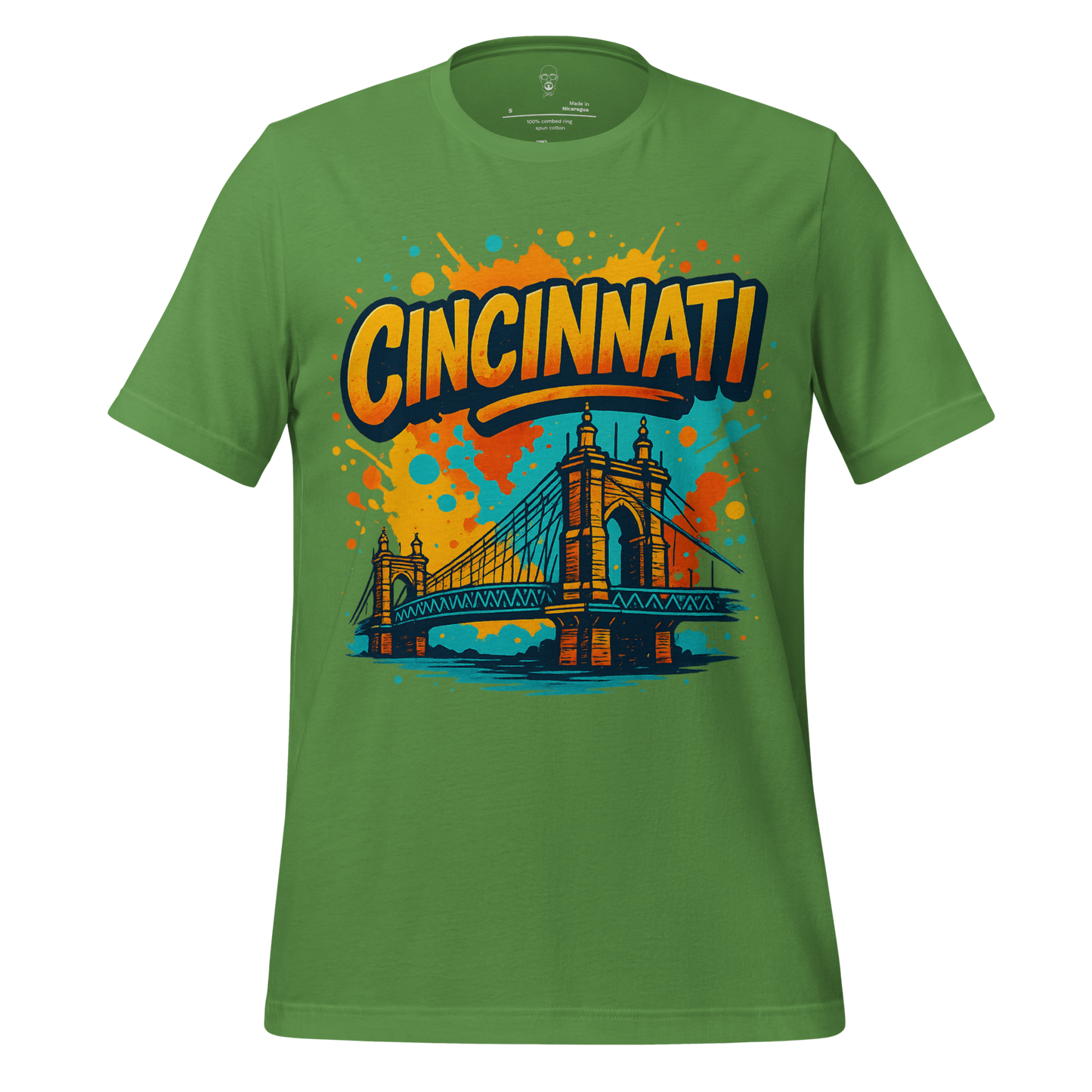Green Cincinnati Graphic T-Shirt featuring colorful stylized Cincinnati bridge design by JMK Drip