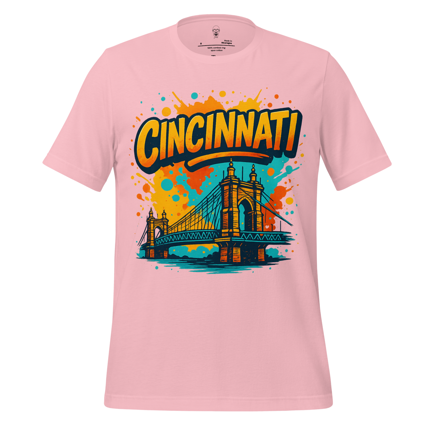 Pink Cincinnati Graphic T-Shirt featuring colorful illustration of Cincinnati bridge and bold text