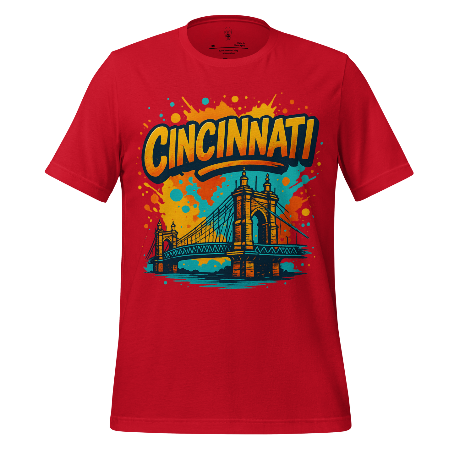 Red Cincinnati Graphic T-Shirt with colorful splash design and Cincinnati bridge illustration