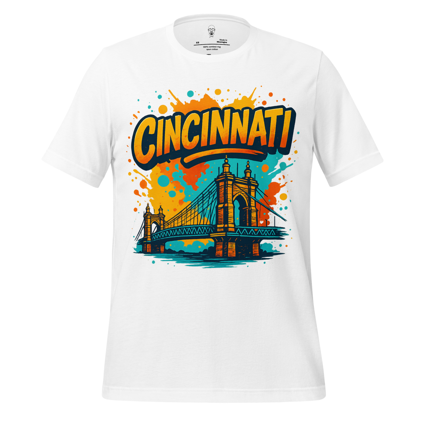 White Cincinnati Graphic T-Shirt featuring colorful illustration of Cincinnati Bridge by JMK Drip