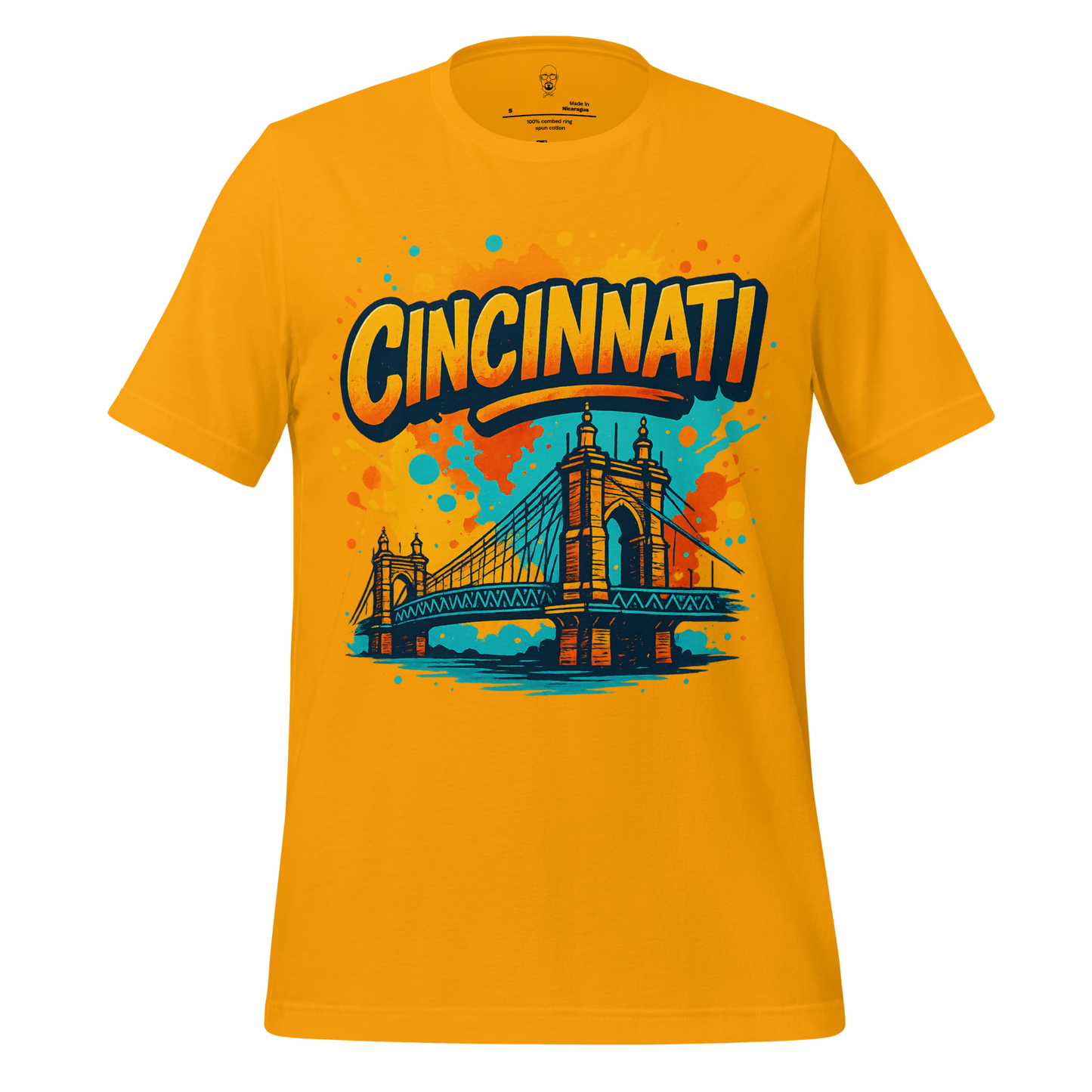 JMK Drip Cincinnati Graphic T-Shirt in yellow with colorful illustration of Cincinnati bridge