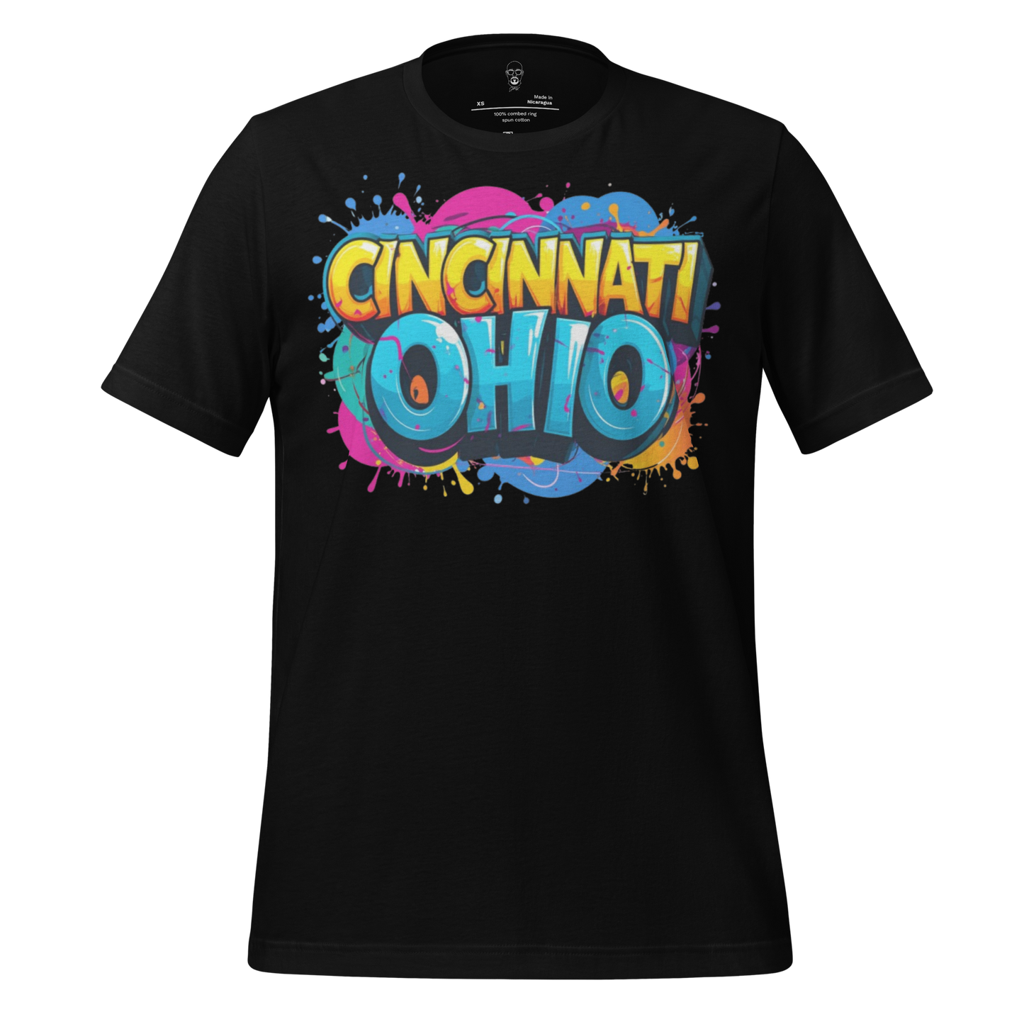 Black Cincinnati Ohio t-shirt with colorful graffiti style text design by JMK Drip