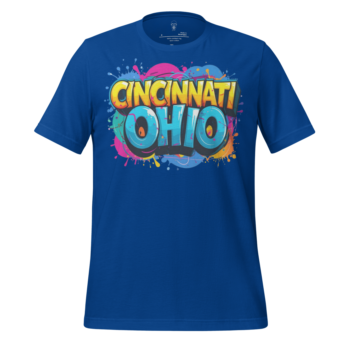 Blue Cincinnati Ohio t-shirt with colorful graffiti style text design by JMK Drip