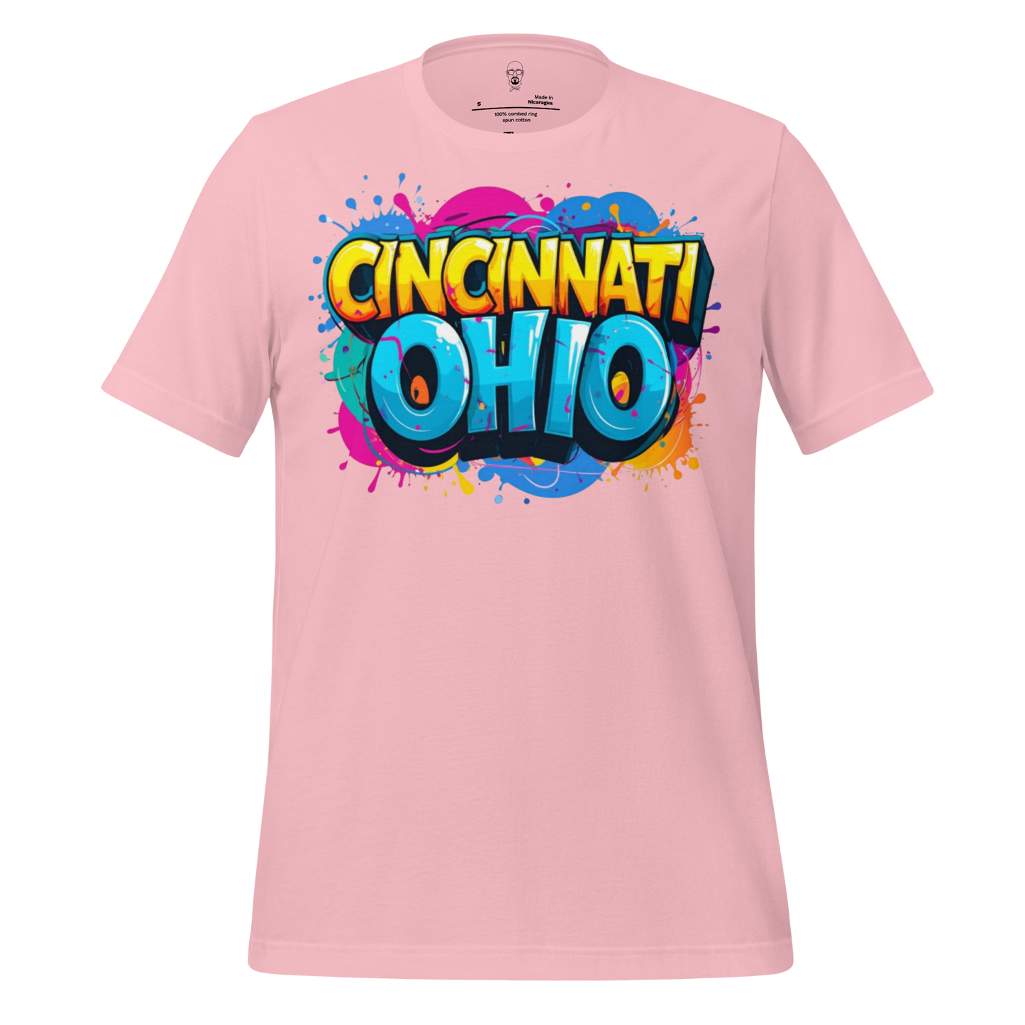 Pink t-shirt with colorful graffiti style Cincinnati Ohio t-shirt design by JMK Drip