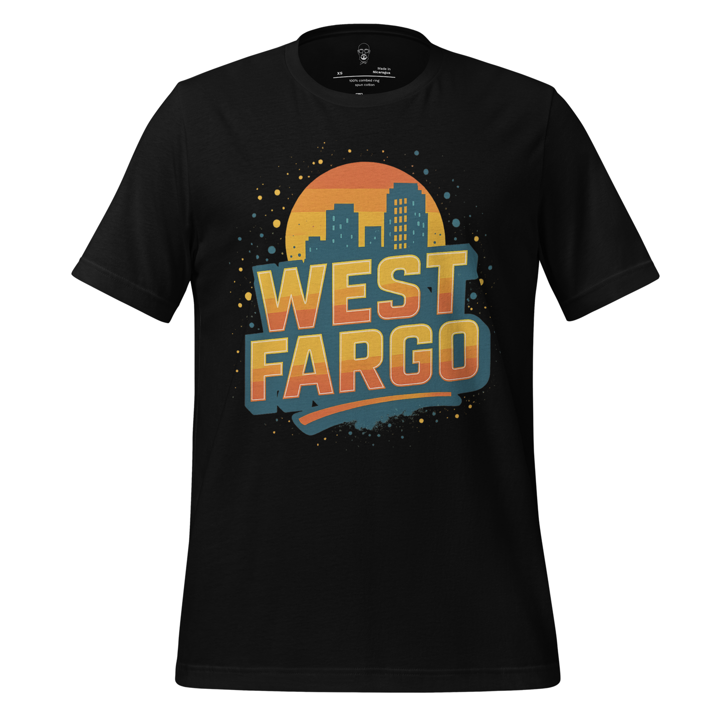 JMK Drip West Fargo Graphic T Shirt with retro city skyline and sunset design on black fabric