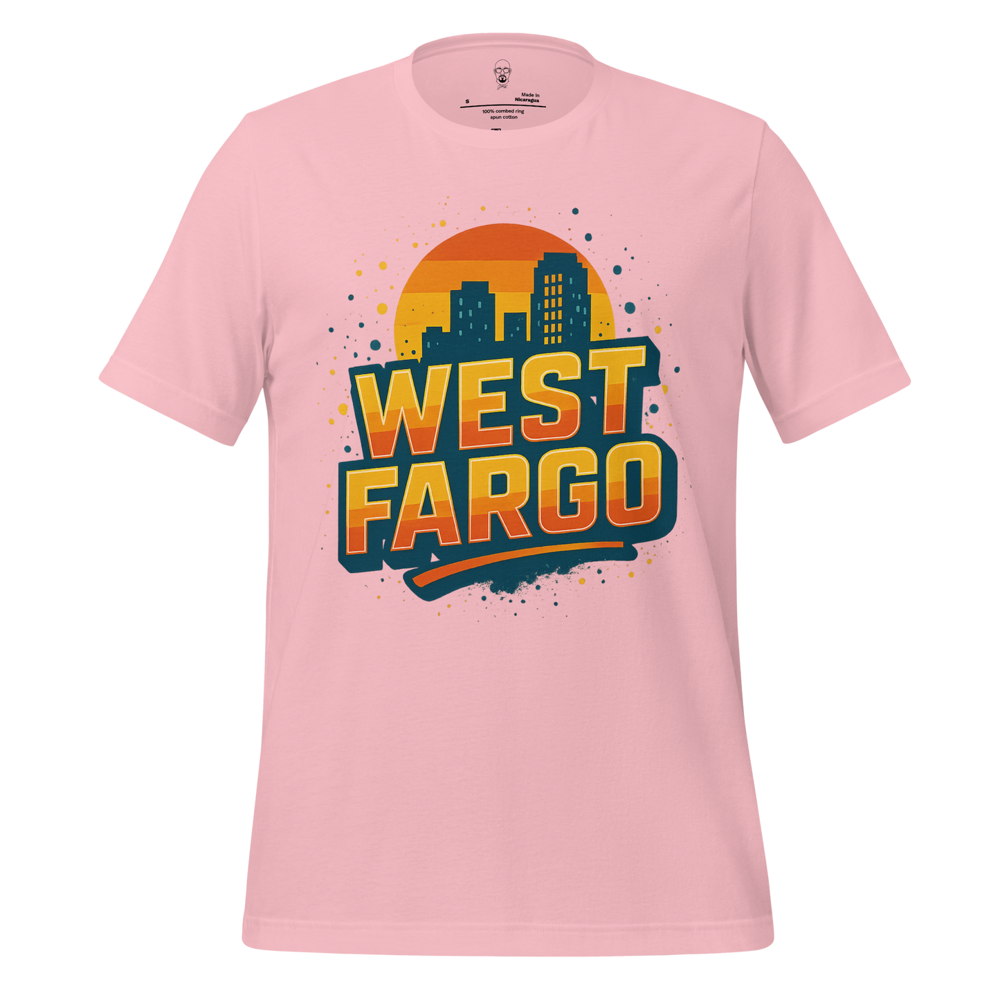 Pink West Fargo Graphic T-Shirt with city skyline and sunset design by JMK Drip