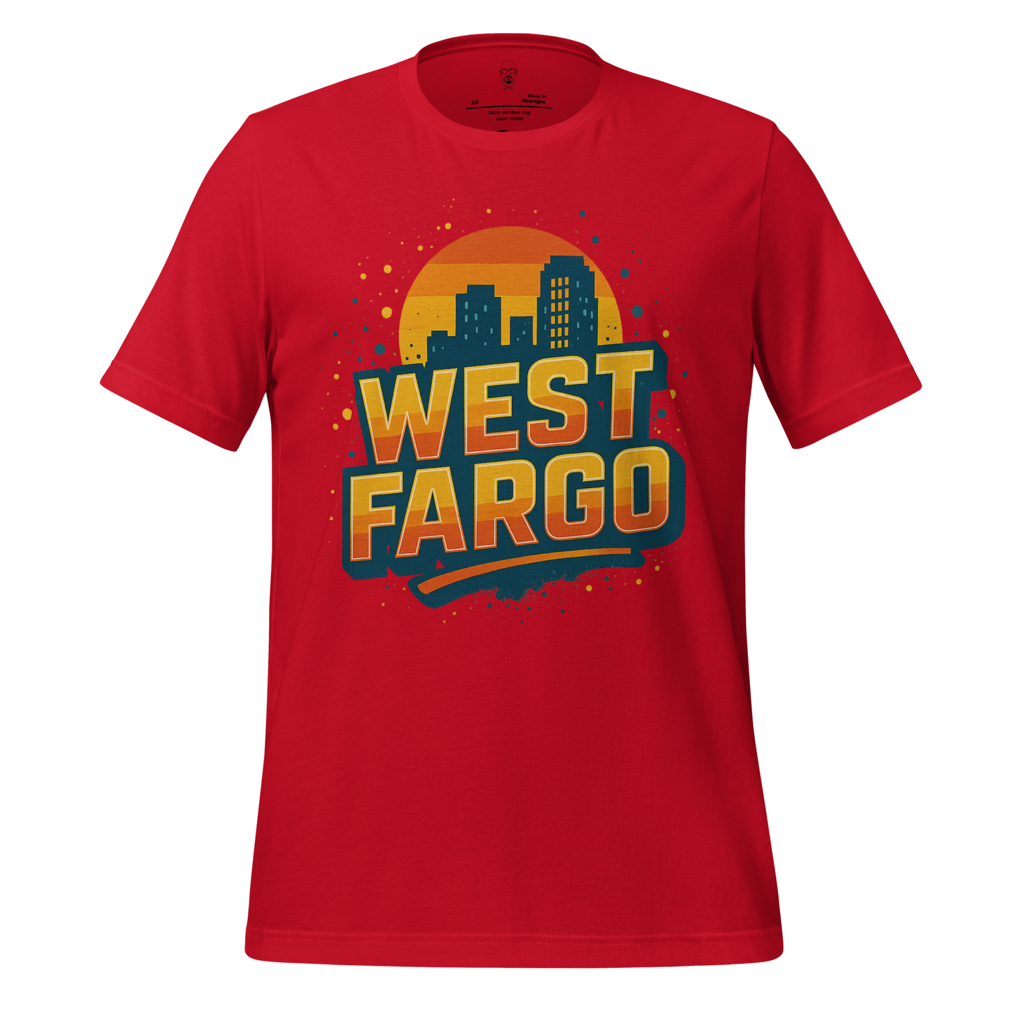 Red West Fargo Graphic T-Shirt with city skyline and sunset design by JMK Drip