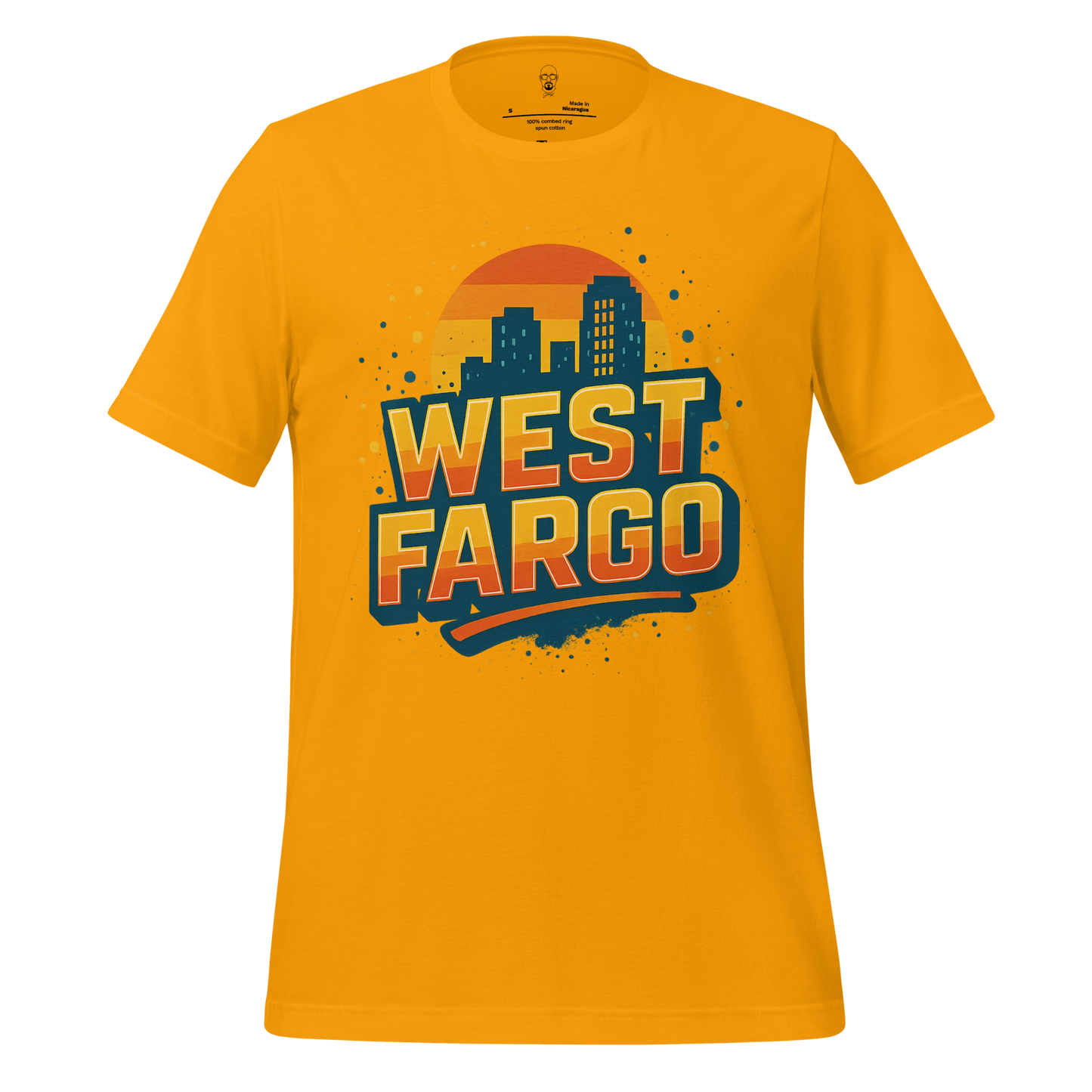 JMK Drip West Fargo Graphic T-Shirt with city skyline and sunset design on yellow fabric