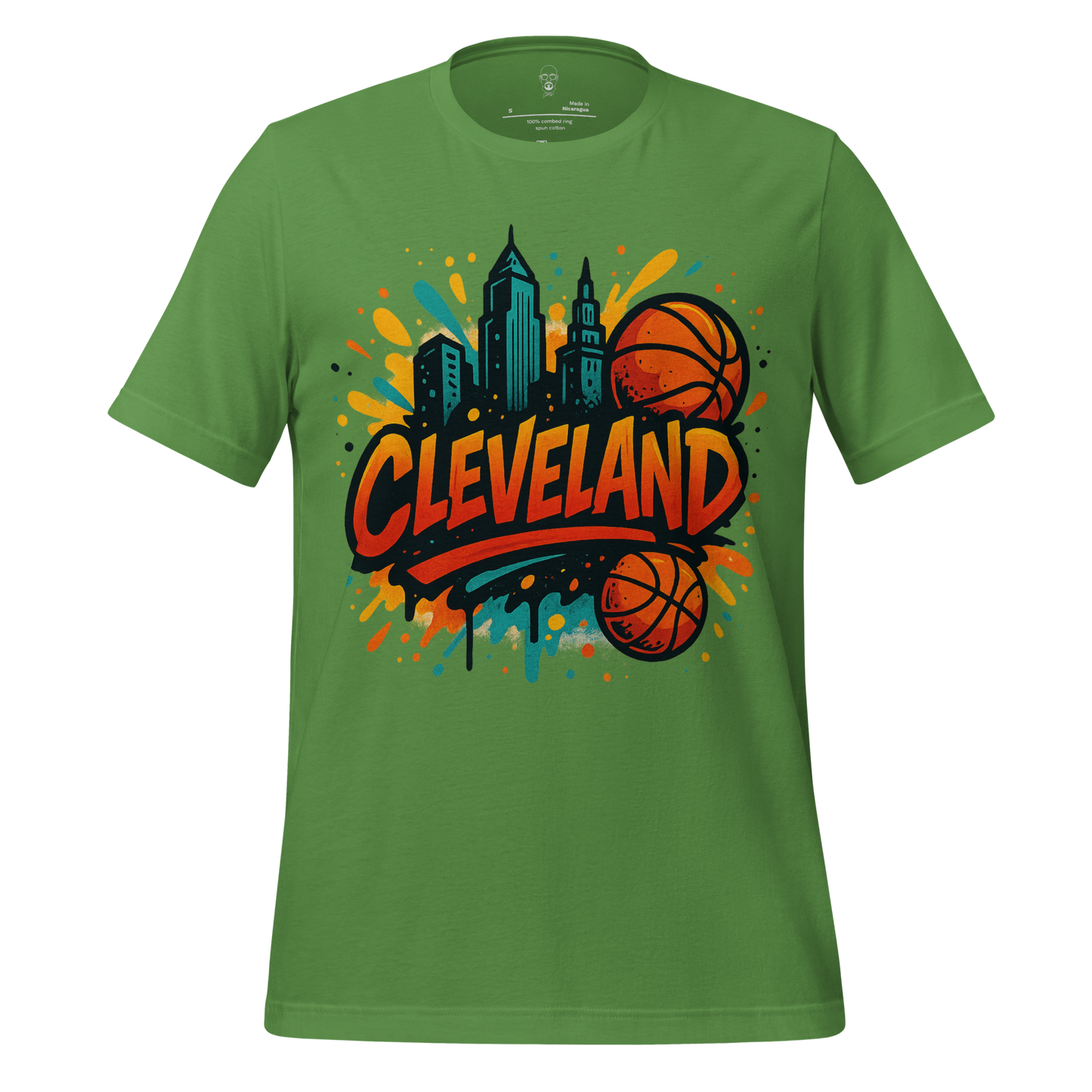 Green Cleveland Graphic T-Shirt with basketball and city skyline design by JMK Drip