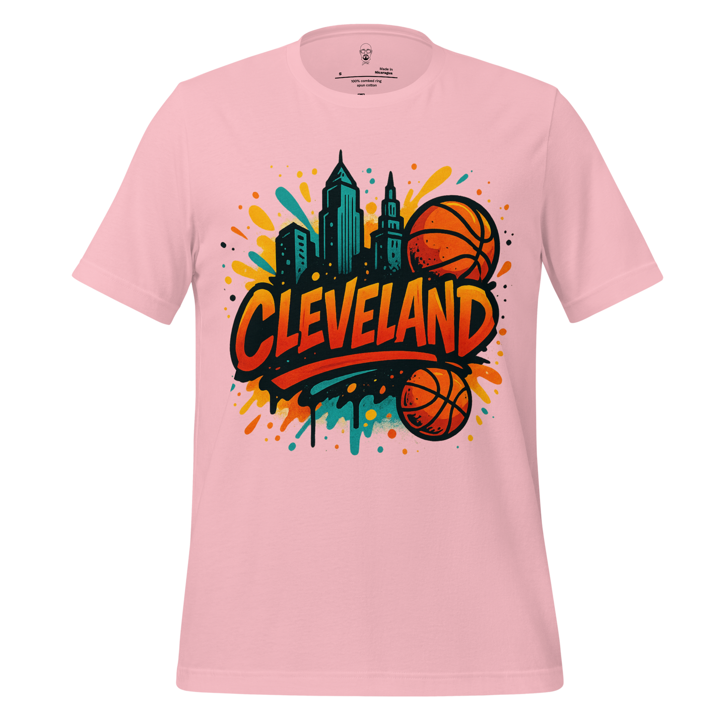 Pink Cleveland Graphic T-Shirt with city skyline and basketball design by JMK Drip